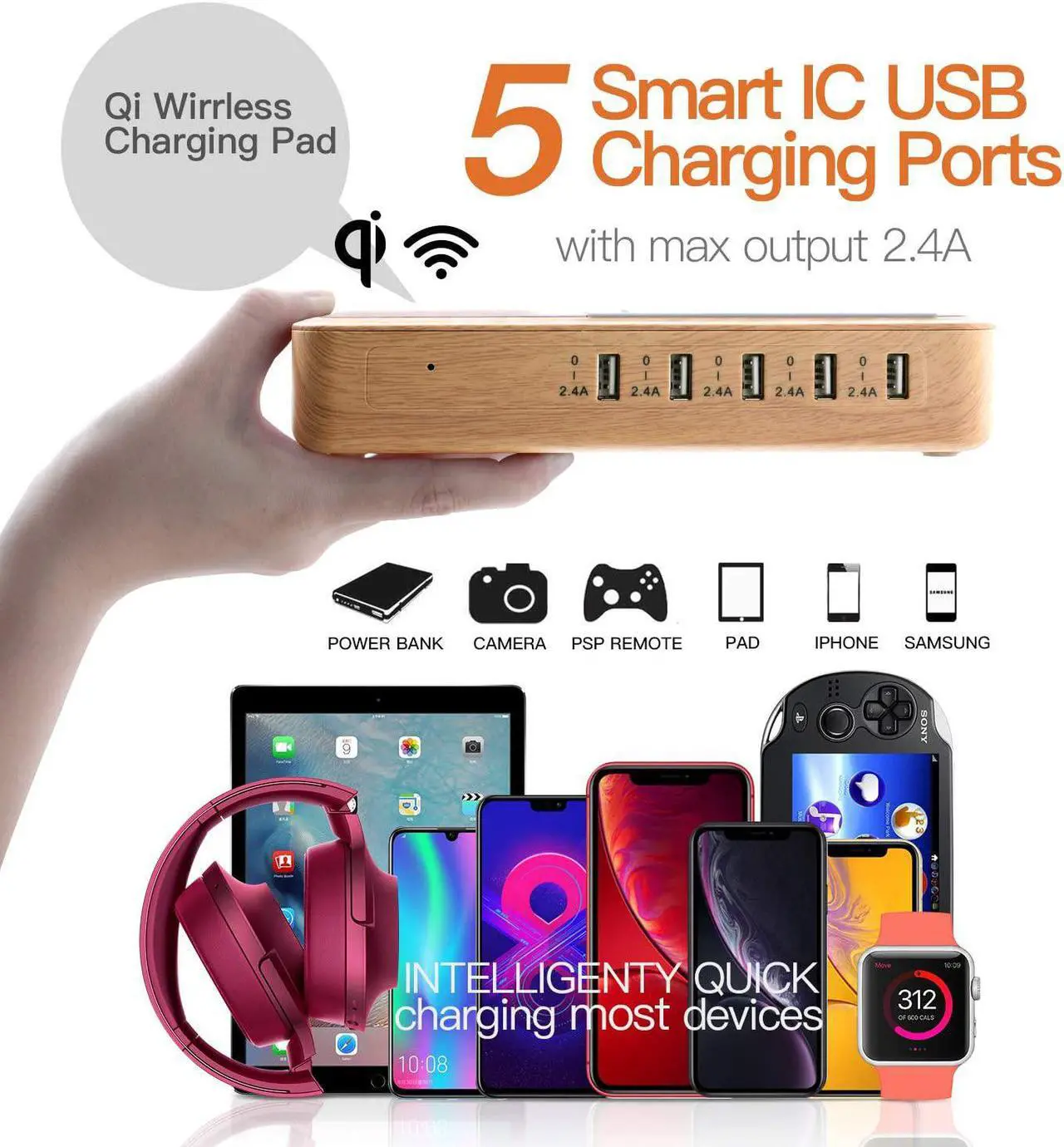 Alt view image 2 of 7 - OTESS Fastest Charging Station for Multiple Devices, 5 USB Ports with 1 Qi Charging Pad, 6 Mixed Cable Included, for Apple/AirPods/iPad/Samsung/Android/Tablet