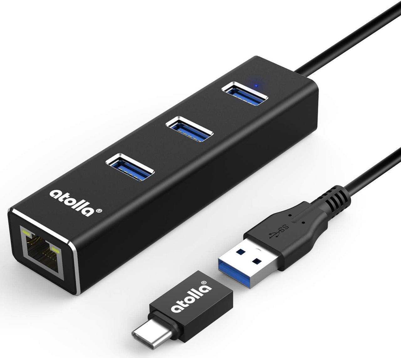 USB 3.0 Hub Ethernet with USB C Adapter, 3 Port USB 3.0 Splitter Gigabit Ethernet Hub + USB C HUB Network RJ45 1000Mbps USB Extender