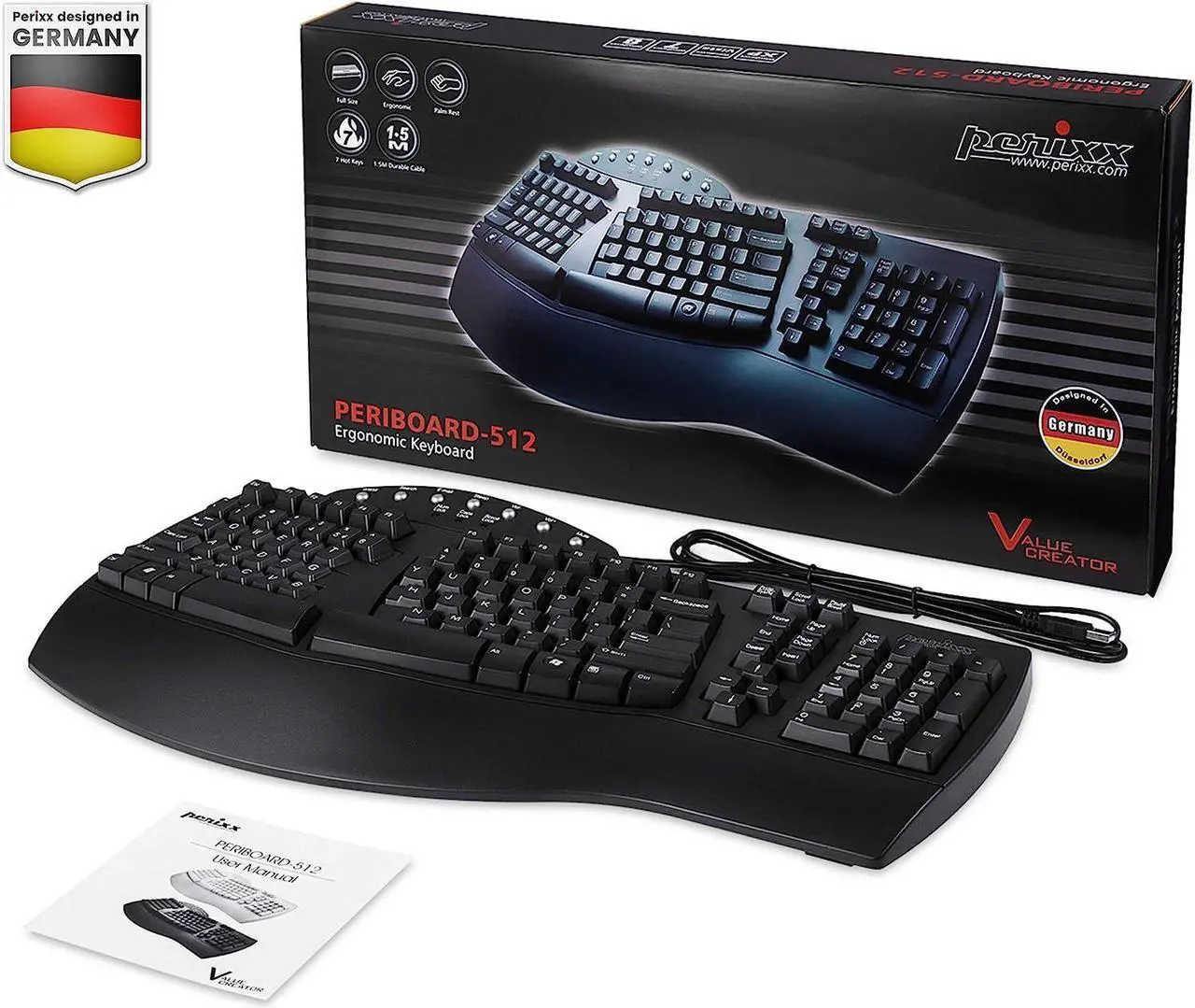 Alt view image 6 of 7 - Perixx Periboard-512 Ergonomic Split Keyboard - Natural Ergonomic Design - Black - Bulky Size 19.09"x9.29"x1.73", US English Layout