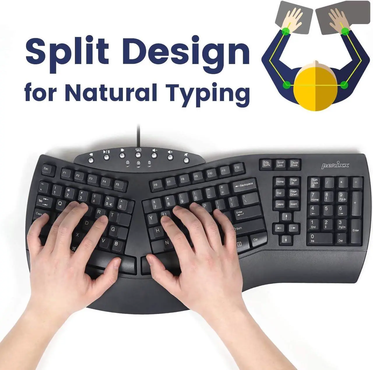 Alt view image 2 of 7 - Perixx Periboard-512 Ergonomic Split Keyboard - Natural Ergonomic Design - Black - Bulky Size 19.09"x9.29"x1.73", US English Layout