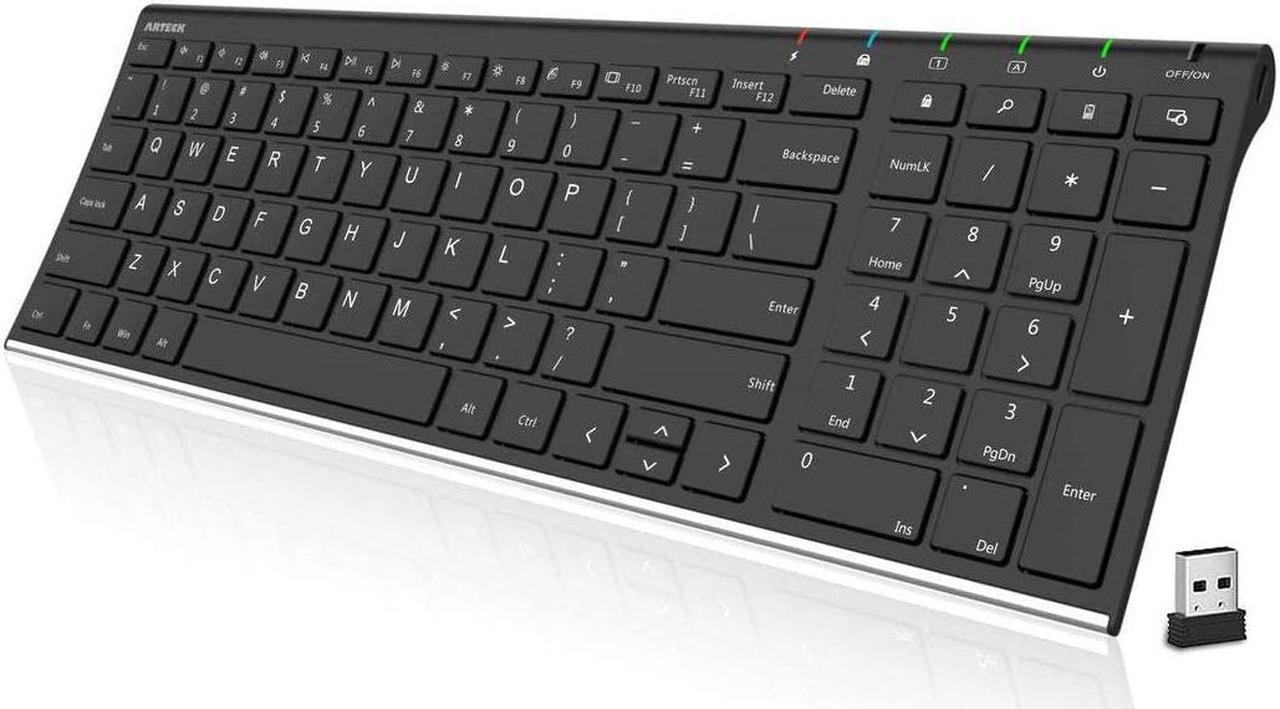 Arteck 2.4G Wireless Keyboard Stainless Steel Ultra Slim Full Size Keyboard with Numeric Keypad for Computer/Desktop/PC/Laptop/Surface/Smart TV and Windows 10/8/ 7 Built in Rechargeable Battery