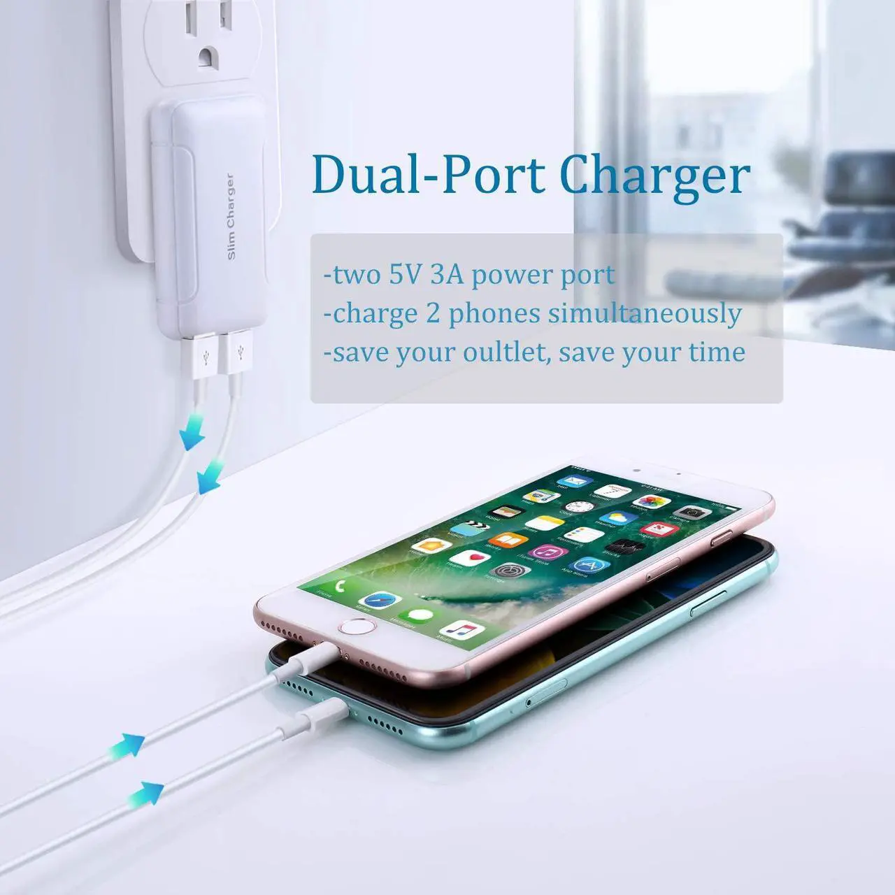 Alt view image 2 of 7 - Excgood Flat USB Wall Charger - Slim USB Plug for Wall Outlet, Compatible with iPhone 16 15 14 Pro Max/13/12/11/Xr/Xs/X, Galaxy A03s/A13/A12/S22/S21/S20/10/9/8, Webcam - 2-Pack, White