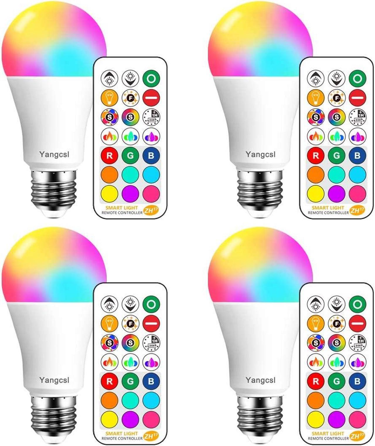 Yangcsl LED Light Bulbs 85W Equivalent 1200lm RGB Color Changing Light Bulb 6 Moods - Memory - Sync - Dimmable A19 E26 Screw Base Timing Remote Control Included (Pack of 4)