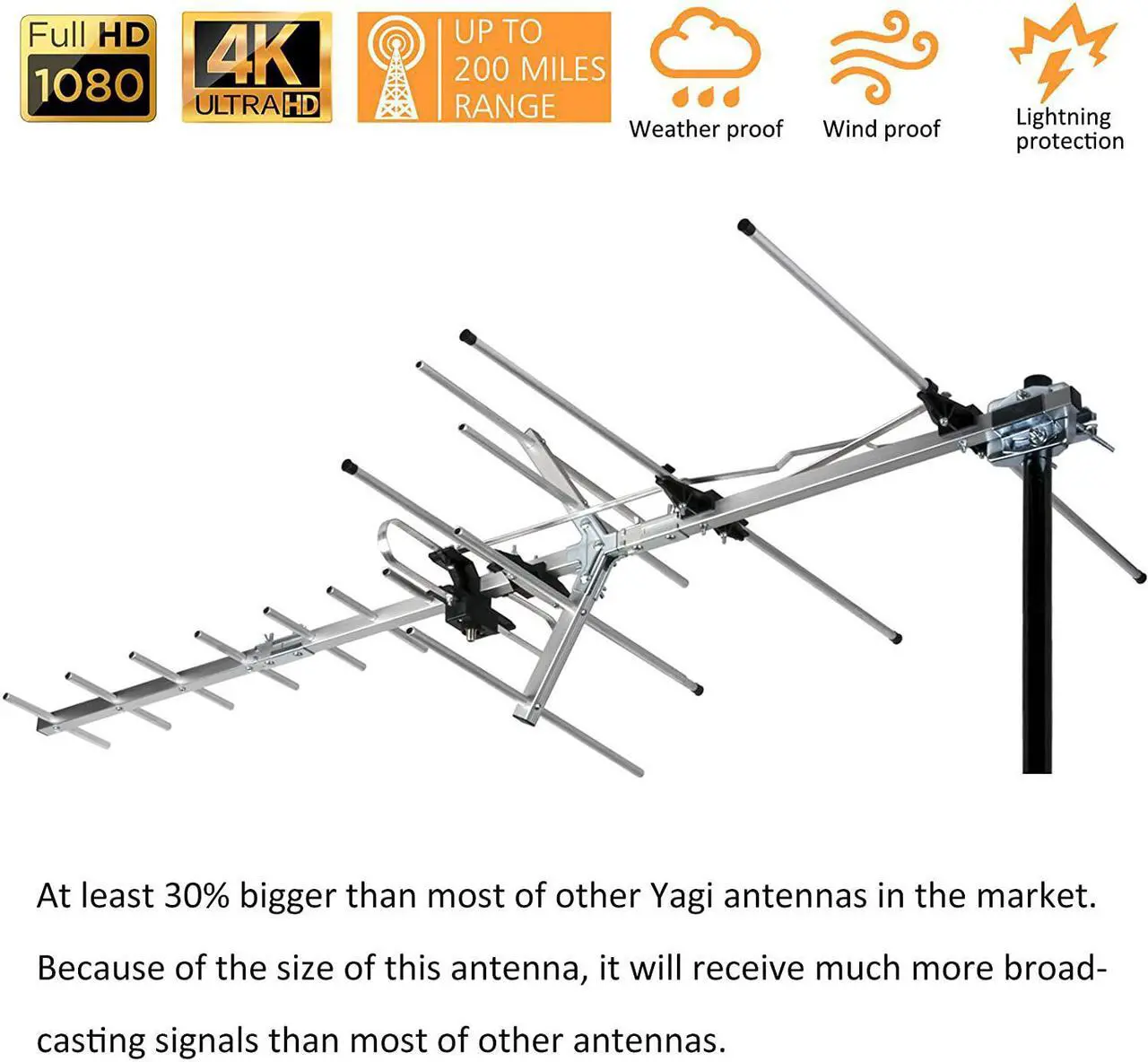 Alt view image 2 of 7 - [Newest 2020] Five Star Yagi Satellite HD TV Antenna up to 200 Mile Range, Attic or Roof Mount TV Antenna, Long Range Digital OTA Antenna for 4K 1080P Supports 4 TVs Installation Kit & Mounting Pole