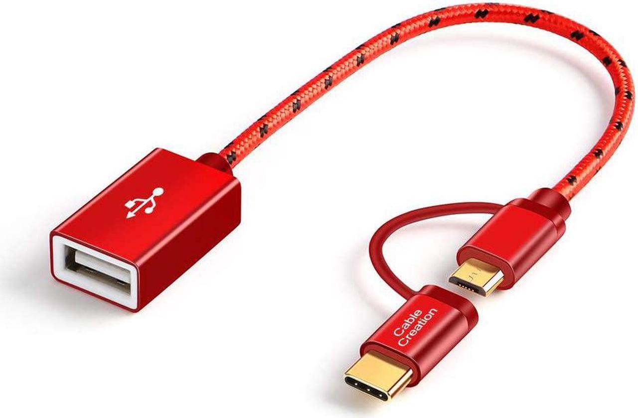 CableCreation Micro USB & Type C to USB 2.0 Female Adapter Cable, 0.6ft Short OTG (on-the-go) Cable Compatible with Pixel 3XL 2XL, Galaxy S20/S10/S9/S8, Android and Type C devices, 0.18M /Red Aluminum