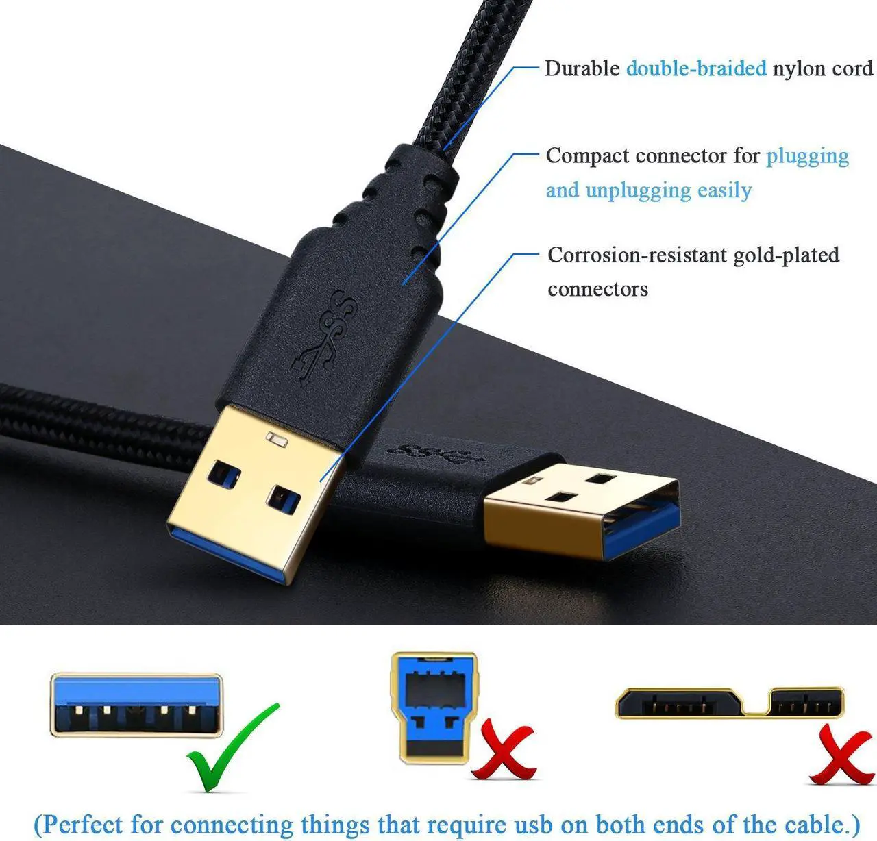 Alt view image 2 of 7 - USB 3.0 Cable Male to Male 2-Pack Braided 6ft USB to USB Cable Type A Male Double End USB Cord Compatible Hard Drive Enclosures DVD Player Laptop Cooler - Black