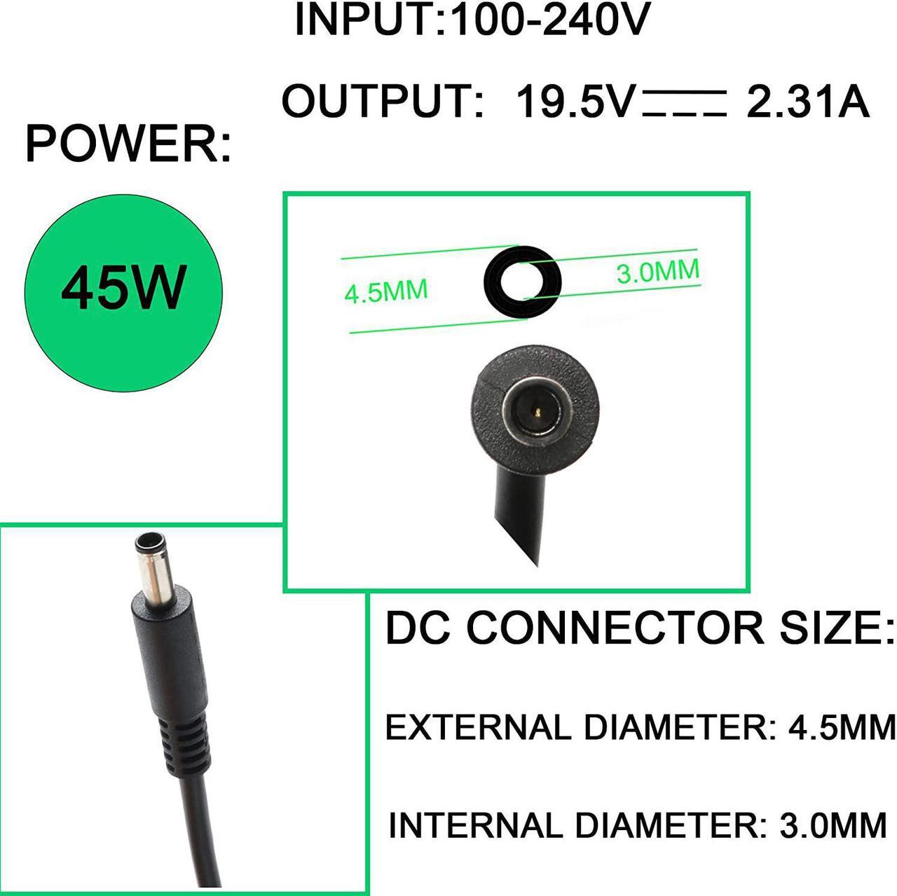 Alt view image 3 of 7 - 19.5V 2.31A 45W AC Charger Replacement for Dell Inspiron 11 13 14 15 17 3000 5000 7000 5755 3552 7348 7352 5758 7359 3452 5567 5568 5578 7579 3451 5368 P20T P24T P25T Laptop Power Adapter Supply Cord