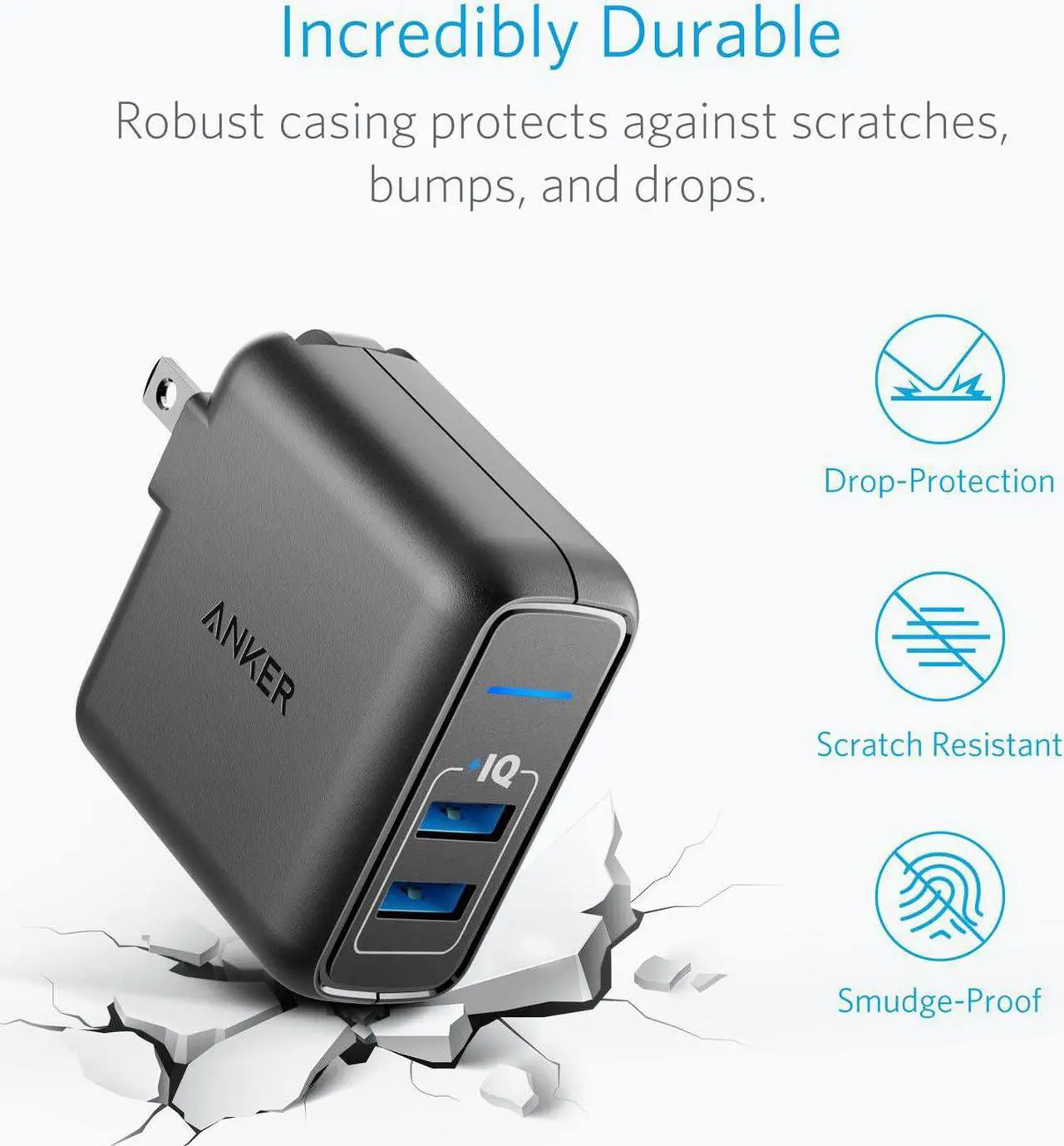 Alt view image 5 of 7 - USB Charger Elite Dual Port 24W Wall Charger PowerPort 2 with PowerIQ and Foldable Plug for iPhone 11/Xs/XS Max/XR/X/8/7/6/Plus iPad Pro/Air 2/Mini 3/Mini 4  S4/S5 and More