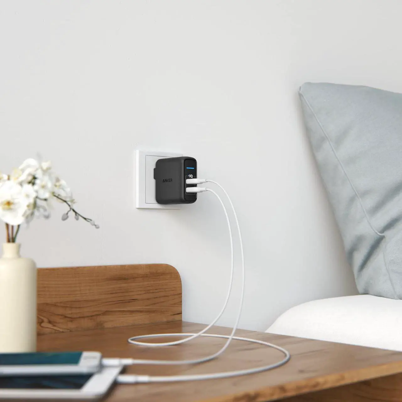 Alt view image 7 of 7 - USB Charger Elite Dual Port 24W Wall Charger PowerPort 2 with PowerIQ and Foldable Plug for iPhone 11/Xs/XS Max/XR/X/8/7/6/Plus iPad Pro/Air 2/Mini 3/Mini 4  S4/S5 and More