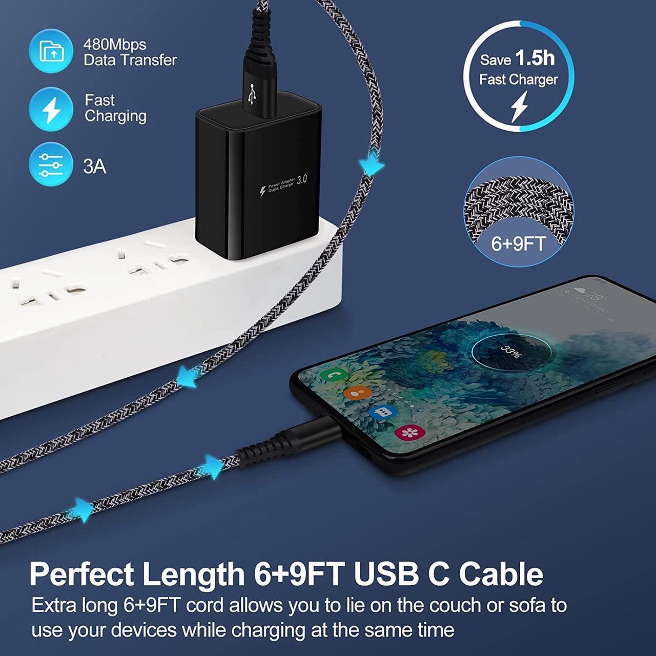 Alt view image 3 of 7 - Android Charger, 3A Power Adapter Phone Fast Charging Box Plug Cube, 6FT 9FT Type C Cable Cords for Samsung Galaxy S25 A16 A15 5G A35 A36 A26 A56 A55 S24 Ultra A25 S23 FE S22 iPhone 16e 16 Pro Max 15