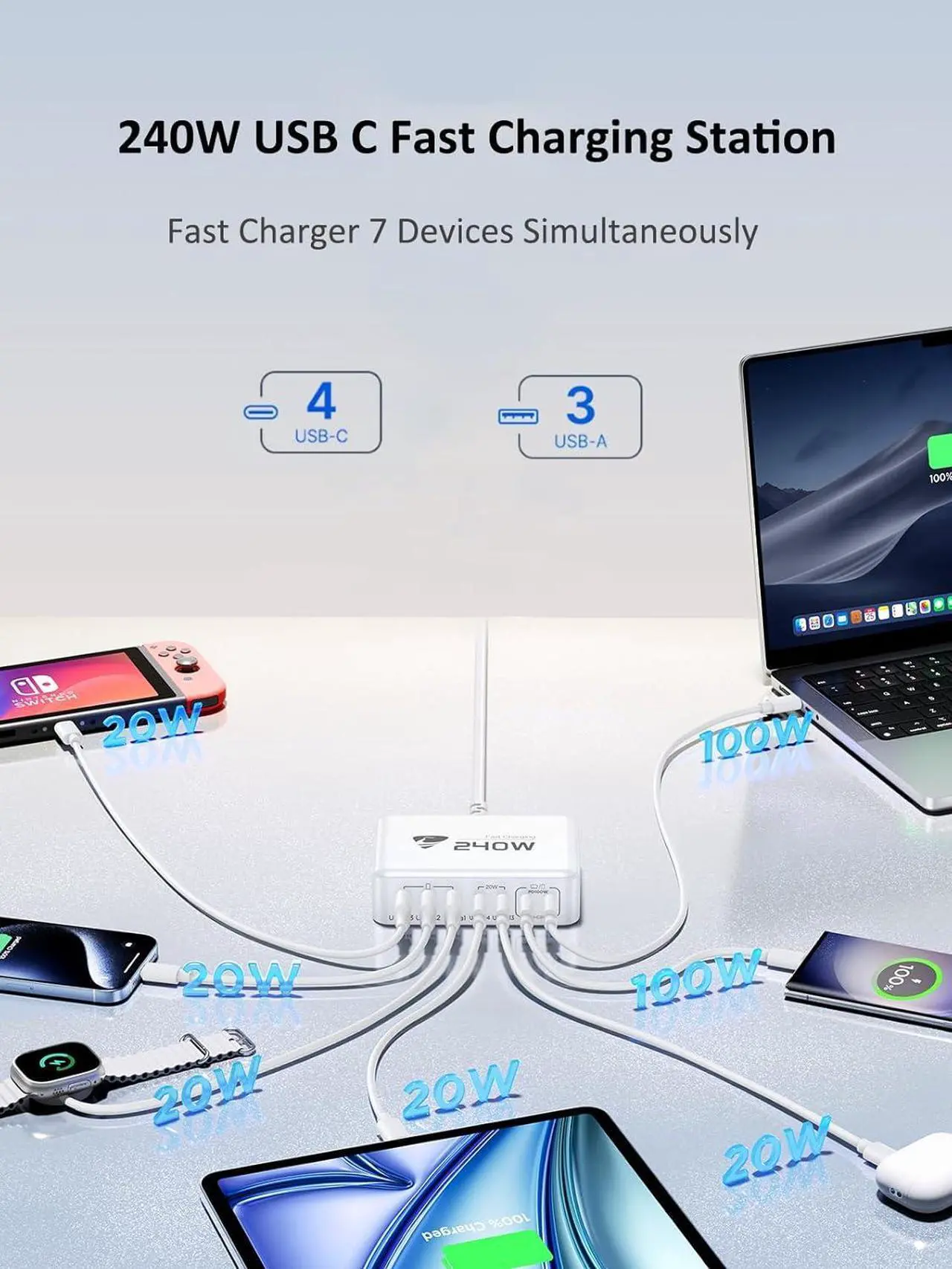 Alt view image 3 of 7 - USB C Charger 240W USB C Charger Block 7-Port USB C Fast Charging Station USB C + USB A Wall Plug Power Adapter Multiport USB C Charger Compatible with MacBook Pro/Air iPhone 16/15/14/13  S24