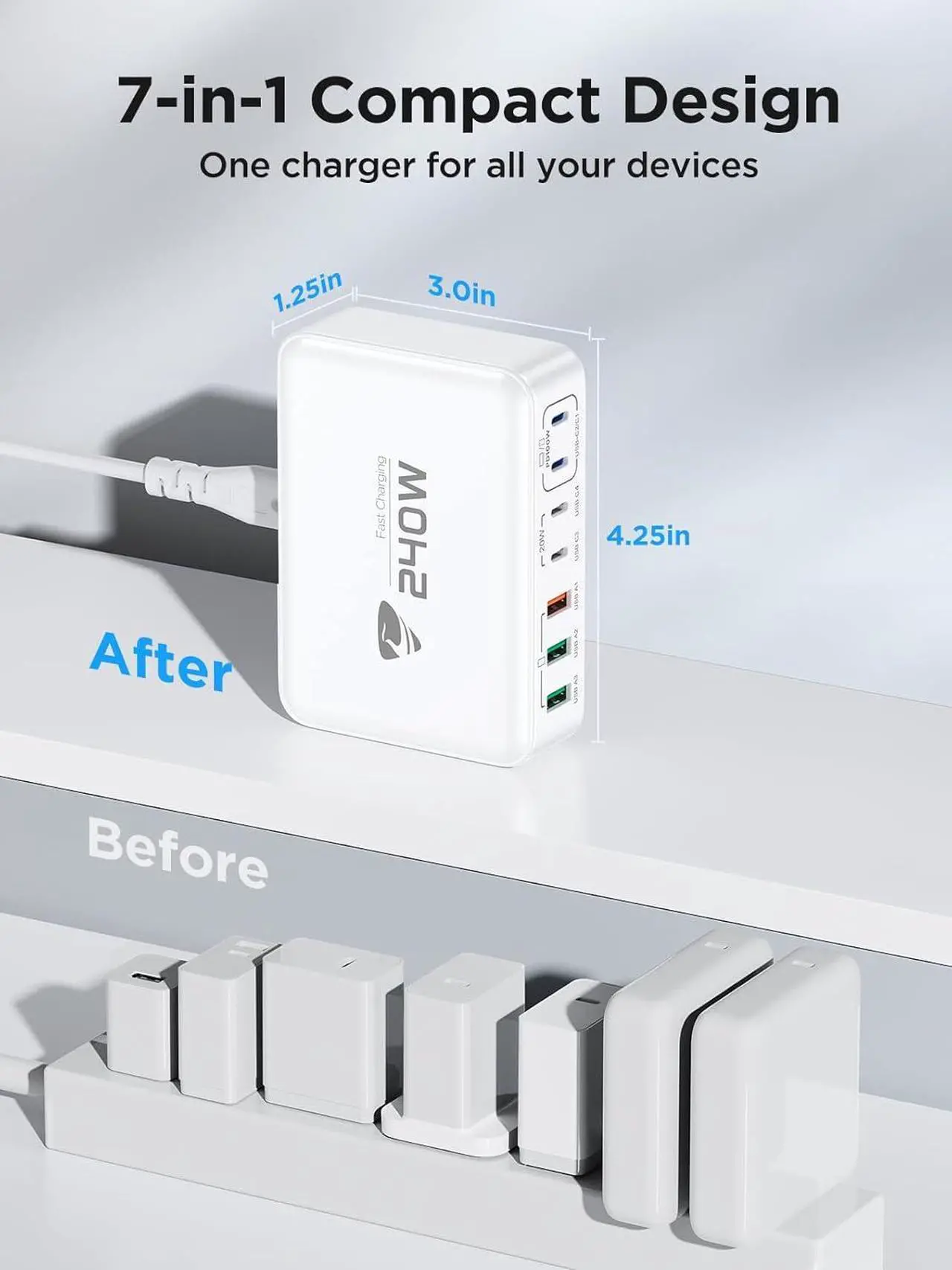 Alt view image 6 of 7 - USB C Charger 240W USB C Charger Block 7-Port USB C Fast Charging Station USB C + USB A Wall Plug Power Adapter Multiport USB C Charger Compatible with MacBook Pro/Air iPhone 16/15/14/13  S24