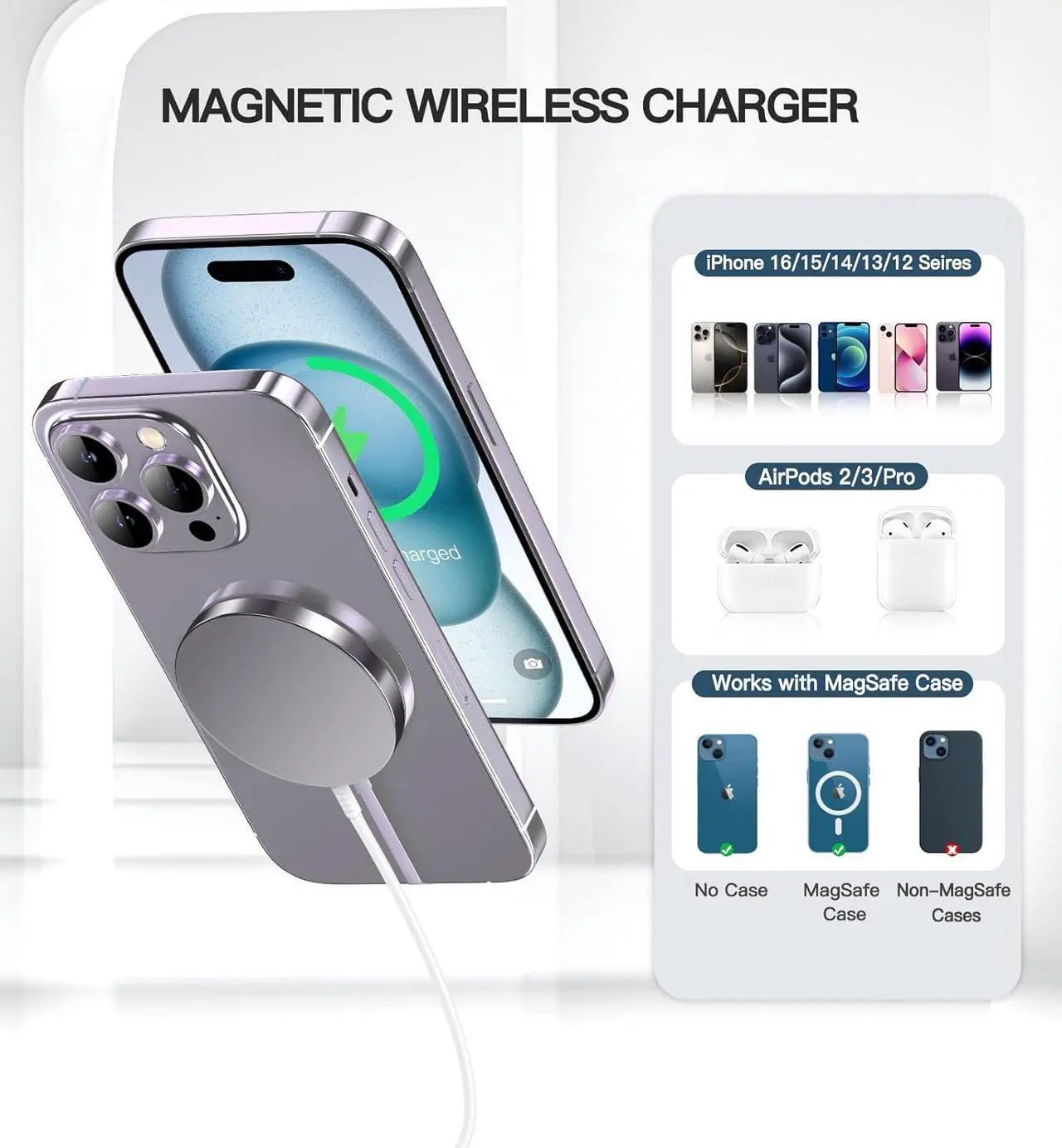 Alt view image 3 of 7 - Magnetic Wireless Charger 15W Fast Mag Safe Charger for Cell Phone 16 Pro Max/16 Pro/16 Plus/16/15/14/13/12 Series 2 Pack Charging Pad for AirPods 3/2/Pro 2/Pro Mag-Safe Original Replacement