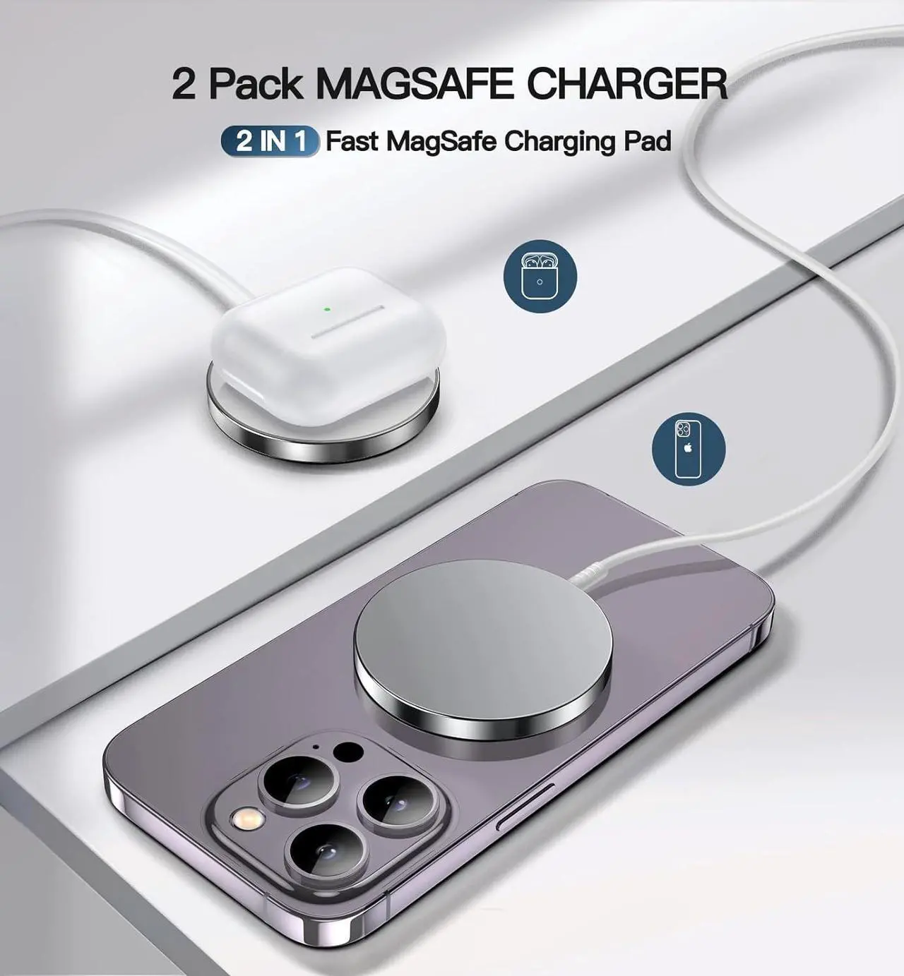 Alt view image 5 of 7 - Magnetic Wireless Charger 15W Fast Mag Safe Charger for Cell Phone 16 Pro Max/16 Pro/16 Plus/16/15/14/13/12 Series 2 Pack Charging Pad for AirPods 3/2/Pro 2/Pro Mag-Safe Original Replacement