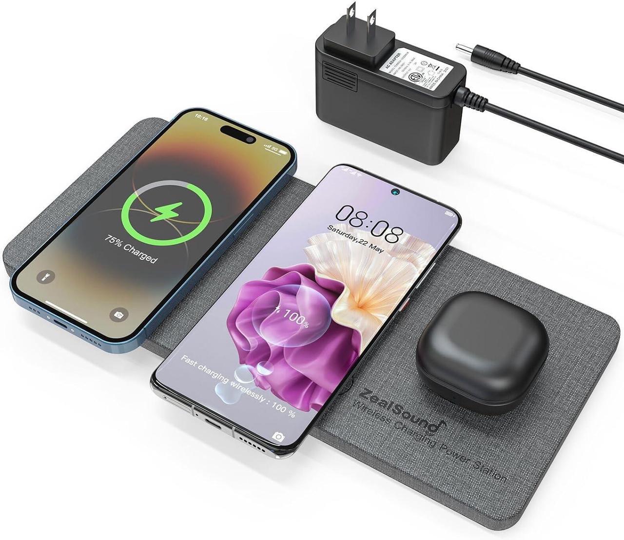 Main image of Wireless Charging Pad Ultra-Slim Triple Wireless Charger Station for Multiple 3 Devices & New Airpods Ultra Slim PU Leather Wireless Charging Mat W/AC Adapter for Smartphone Phone (Gray)