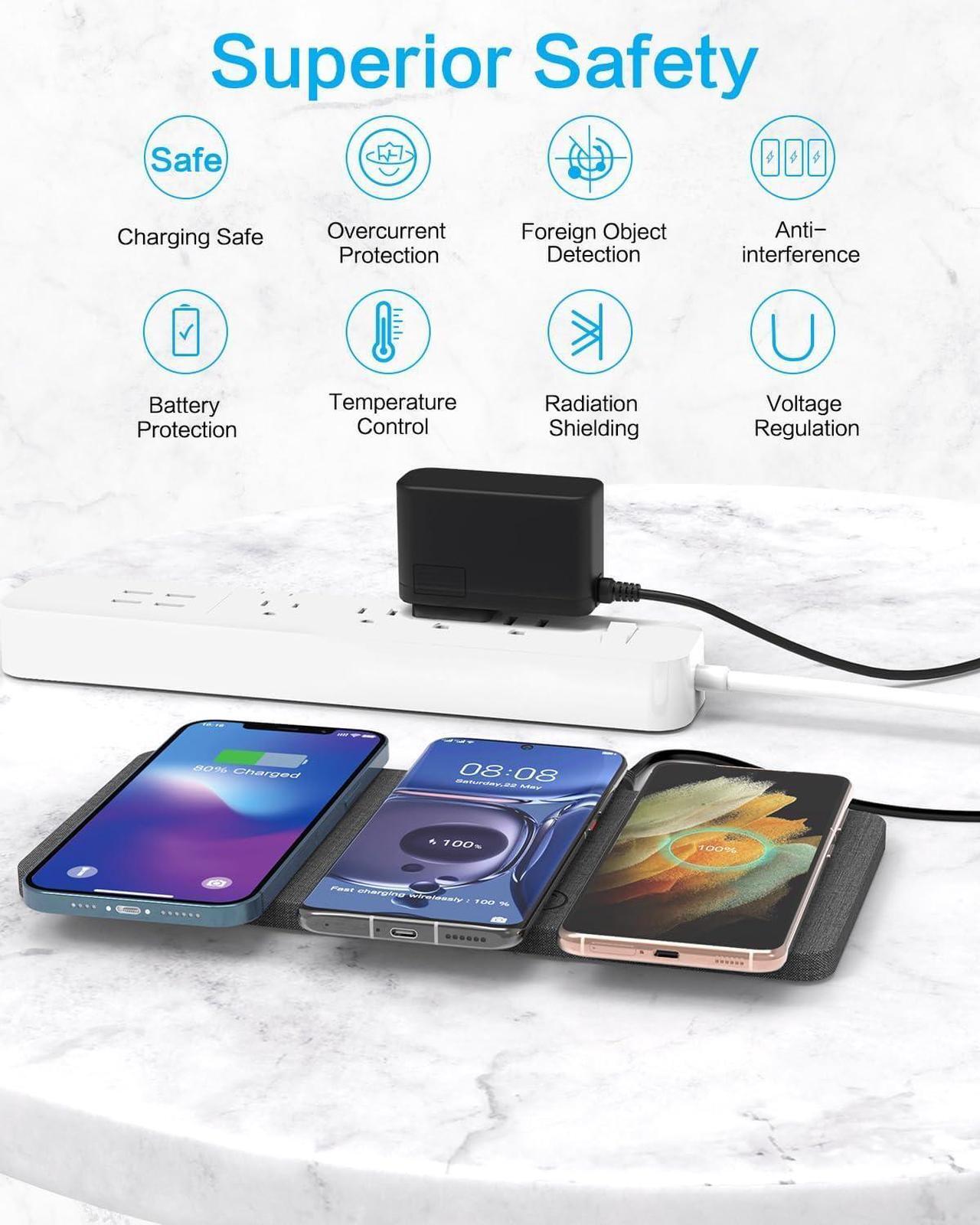 Alt view image 2 of 7 - Wireless Charging Pad Ultra-Slim Triple Wireless Charger Station for Multiple 3 Devices & New Airpods Ultra Slim PU Leather Wireless Charging Mat W/AC Adapter for Smartphone Phone (Gray)