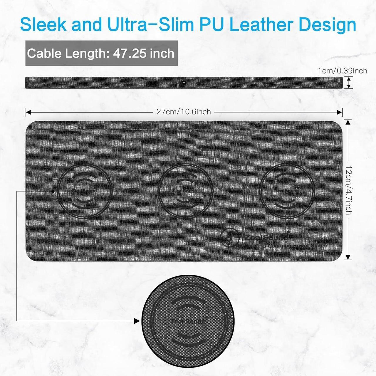 Alt view image 4 of 7 - Wireless Charging Pad Ultra-Slim Triple Wireless Charger Station for Multiple 3 Devices & New Airpods Ultra Slim PU Leather Wireless Charging Mat W/AC Adapter for Smartphone Phone (Gray)