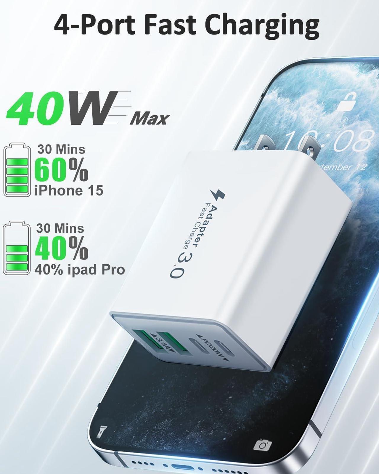 Alt view image 2 of 6 - USB C Charger Block 2Pack 40W 4-Port Type C Fast Charging Block Dual PD Power Adapter+QC Plug Double USB Wall Charger Blocks Multiple USBC Charging Cube for iPhone 16 15 14 13 12 11 Pro Max