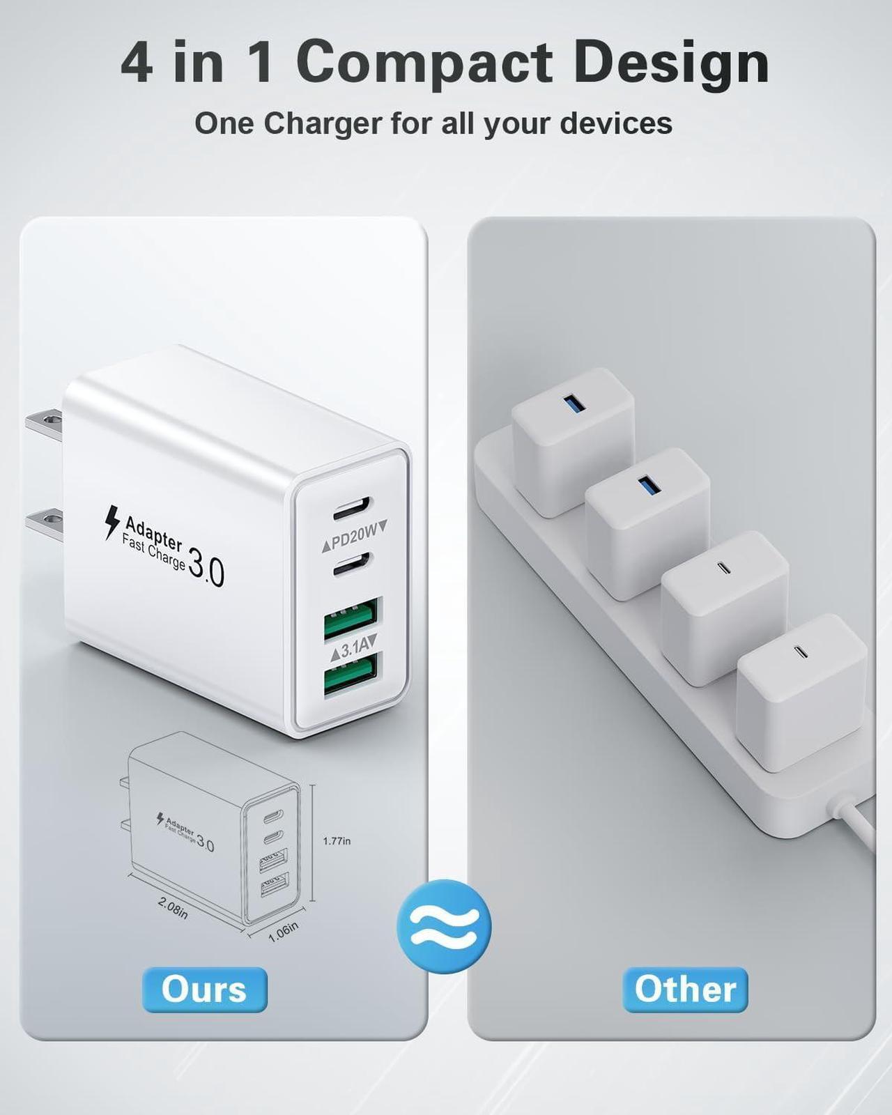 Alt view image 5 of 6 - USB C Charger Block 2Pack 40W 4-Port Type C Fast Charging Block Dual PD Power Adapter+QC Plug Double USB Wall Charger Blocks Multiple USBC Charging Cube for iPhone 16 15 14 13 12 11 Pro Max