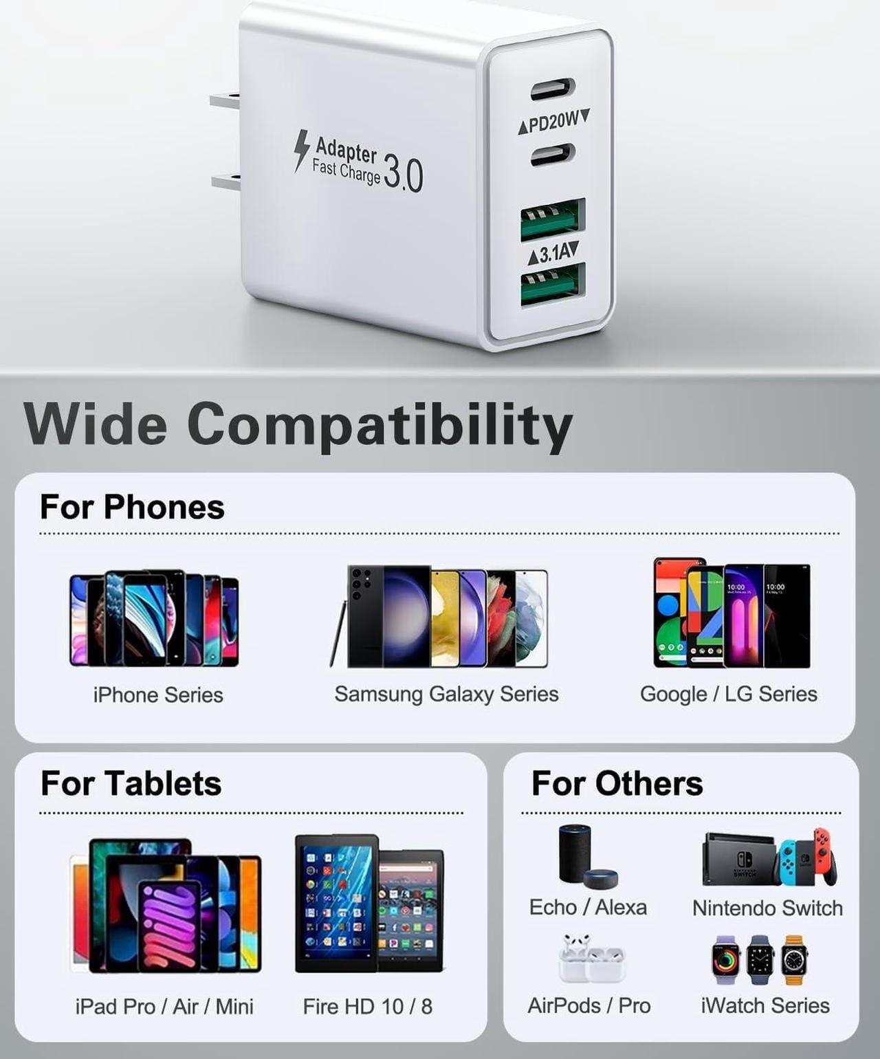 Alt view image 6 of 6 - USB C Charger Block 2Pack 40W 4-Port Type C Fast Charging Block Dual PD Power Adapter+QC Plug Double USB Wall Charger Blocks Multiple USBC Charging Cube for iPhone 16 15 14 13 12 11 Pro Max