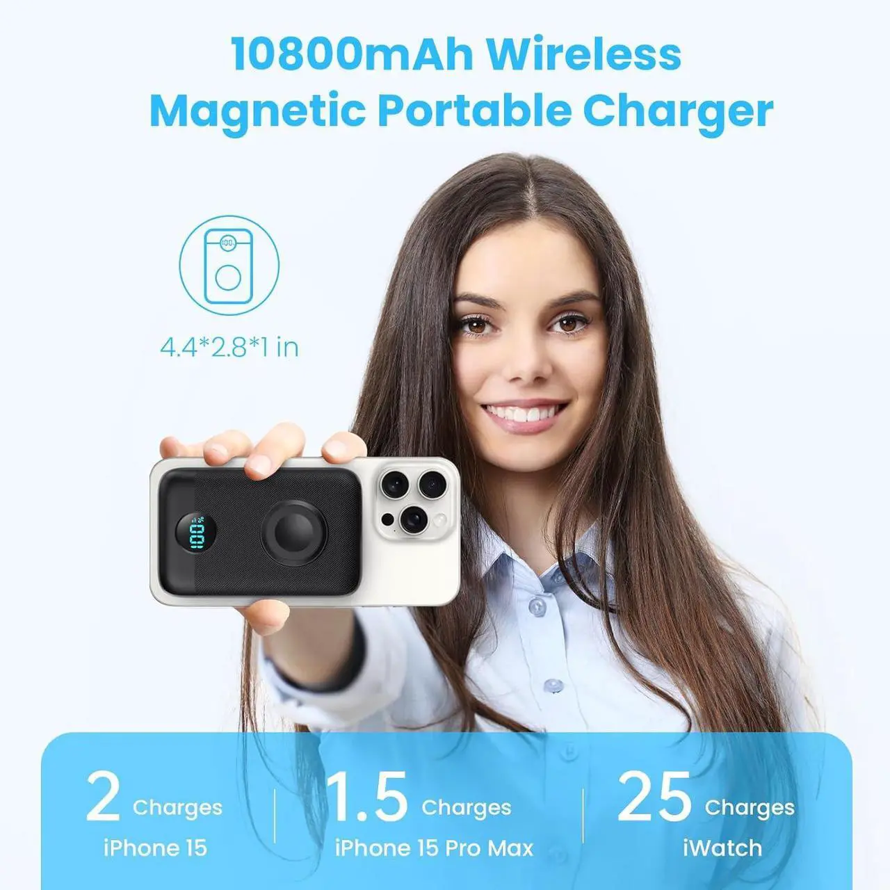 Alt view image 2 of 7 - Magnetic Portable Charger 10800mAh 4-in-1 Wireless Power Bank with iWatch Charger QC4.0+20W PD Fast Charging USB C Battery Pack with LCD Display for Magsafe iPhone 16/15/14/13/12 Series  Watch