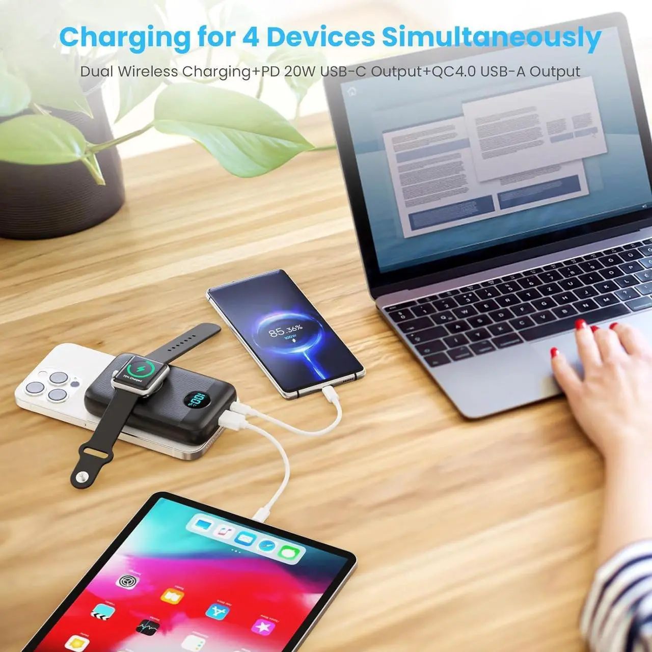 Alt view image 6 of 7 - Magnetic Portable Charger 10800mAh 4-in-1 Wireless Power Bank with iWatch Charger QC4.0+20W PD Fast Charging USB C Battery Pack with LCD Display for Magsafe iPhone 16/15/14/13/12 Series  Watch
