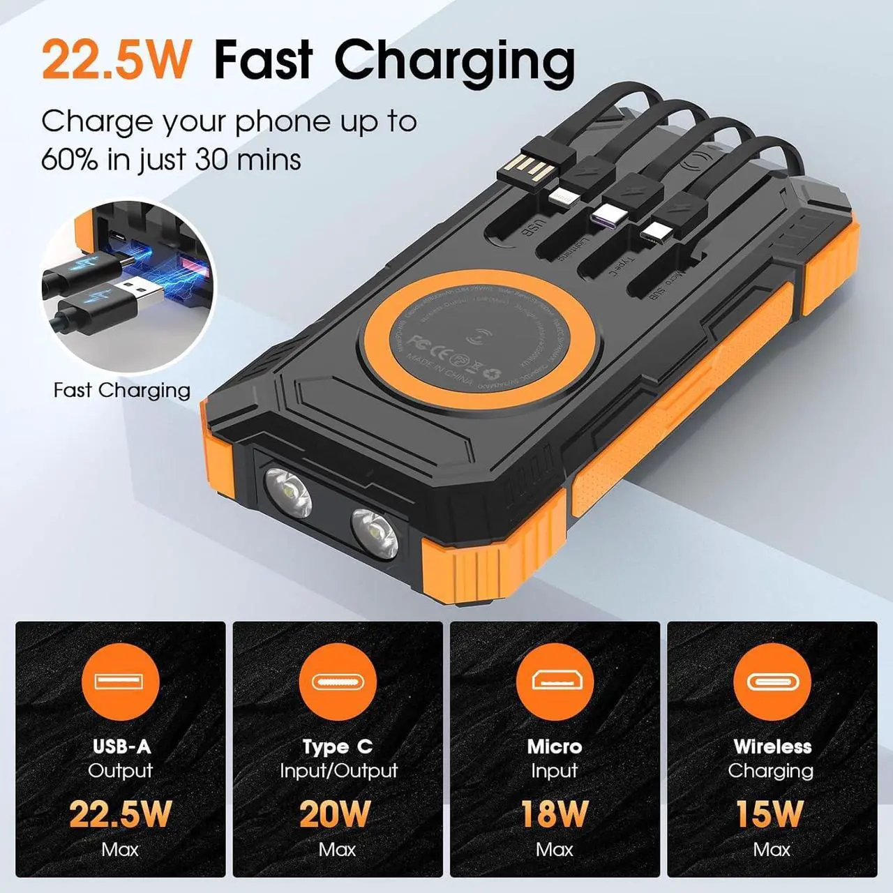 Alt view image 2 of 7 - Power Bank Solar Charger 49800mAh Wireless Portable Charger with 4 Built-in Cables 22.5W Fast Charging Battery Pack USB-C in/Output PD+QC3.0 Portable Power Bank for All Cell Phones