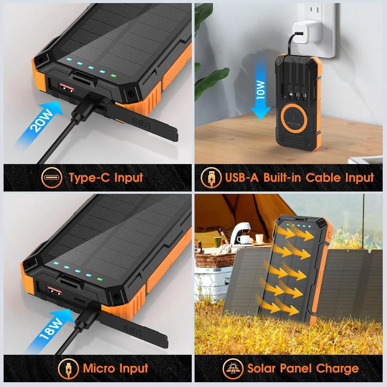 Alt view image 5 of 7 - Power Bank Solar Charger 49800mAh Wireless Portable Charger with 4 Built-in Cables 22.5W Fast Charging Battery Pack USB-C in/Output PD+QC3.0 Portable Power Bank for All Cell Phones
