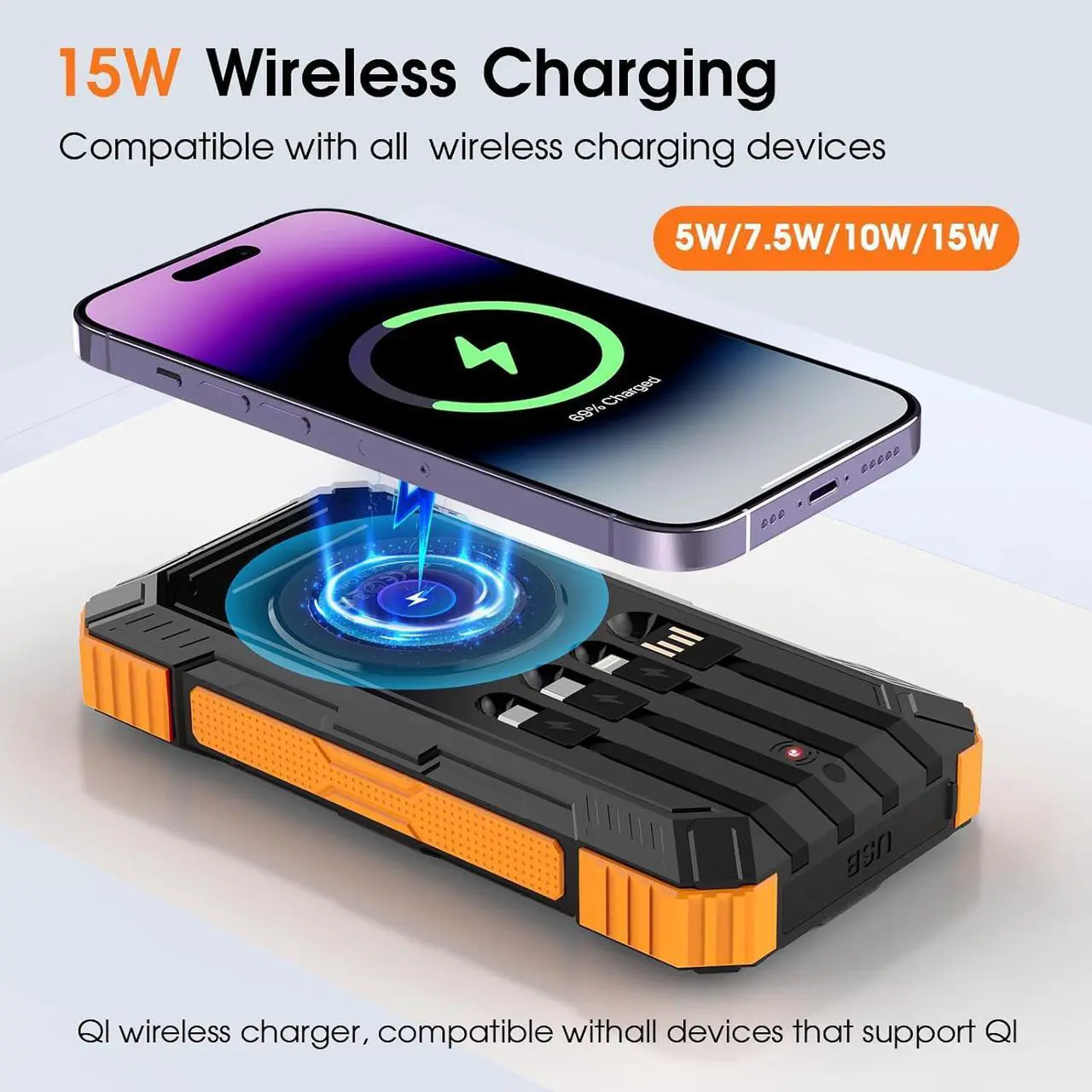 Alt view image 4 of 7 - Power Bank Solar Charger 49800mAh Wireless Portable Charger with 4 Built-in Cables 22.5W Fast Charging Battery Pack USB-C in/Output PD+QC3.0 Portable Power Bank for All Cell Phones