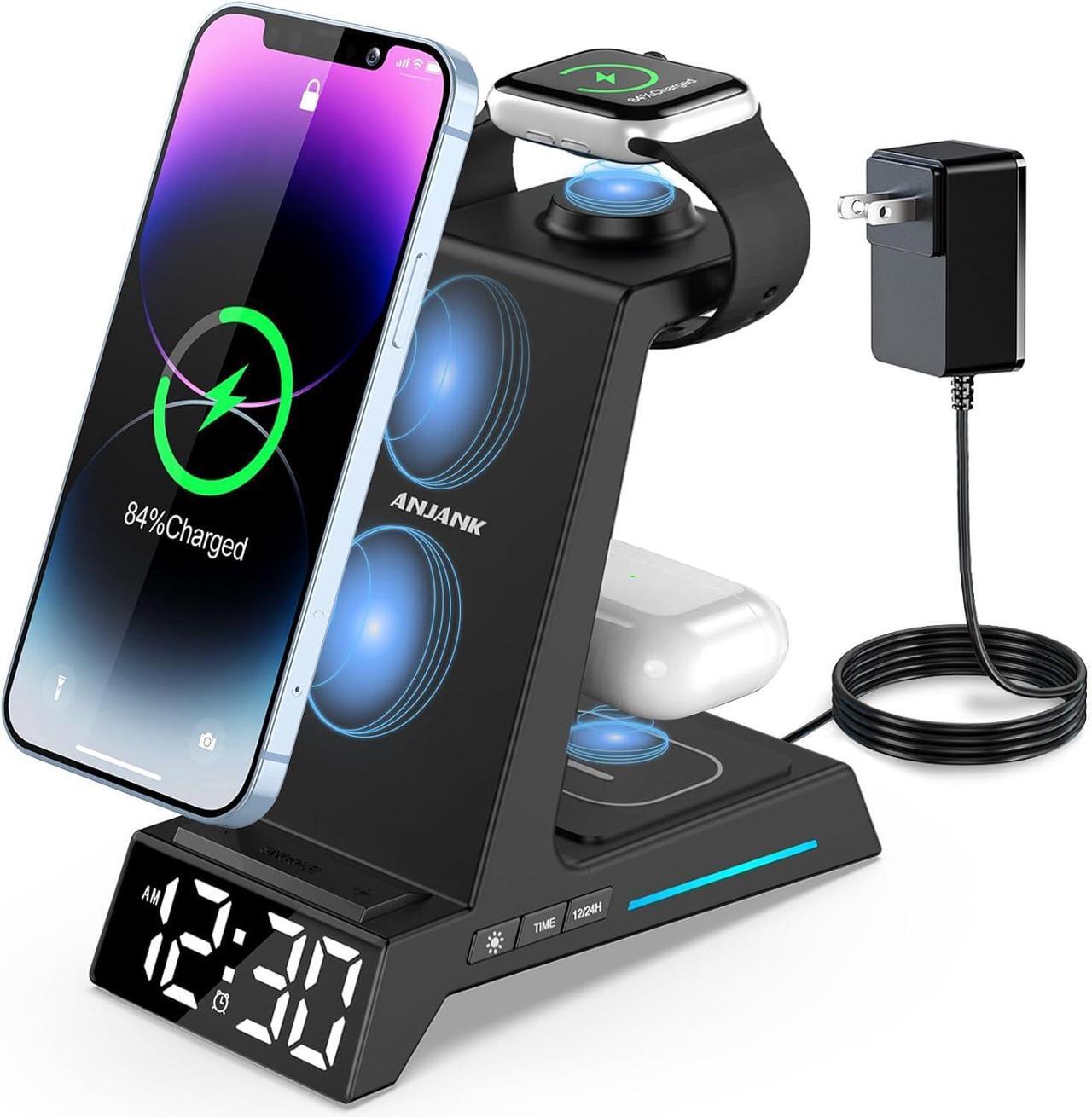 Main image of Wireless Charging Station - 4 in 1 Wireless Charger with Alarm Clock, Charging Stand Dock for iPhone 16 15 14 13 12 11 X 8, for AirPods 3 Pro, Apple Watch 9/8/7/6/5/SE/4/3/2