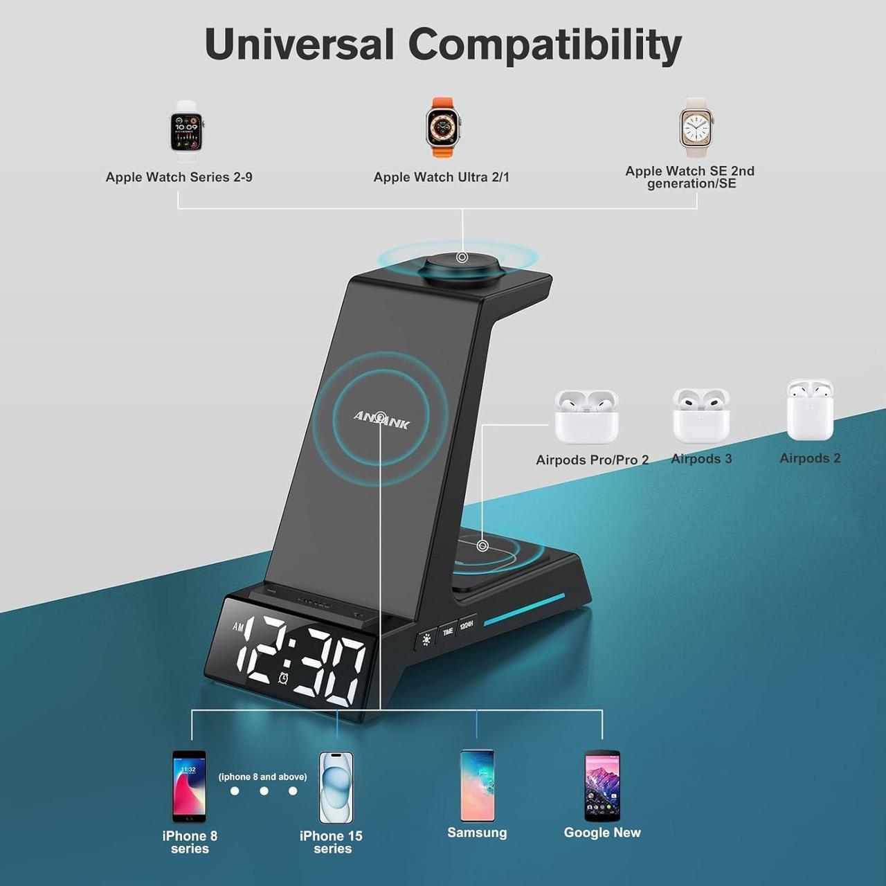 Alt view image 5 of 7 - Wireless Charging Station - 4 in 1 Wireless Charger with Alarm Clock, Charging Stand Dock for iPhone 16 15 14 13 12 11 X 8, for AirPods 3 Pro, Apple Watch 9/8/7/6/5/SE/4/3/2