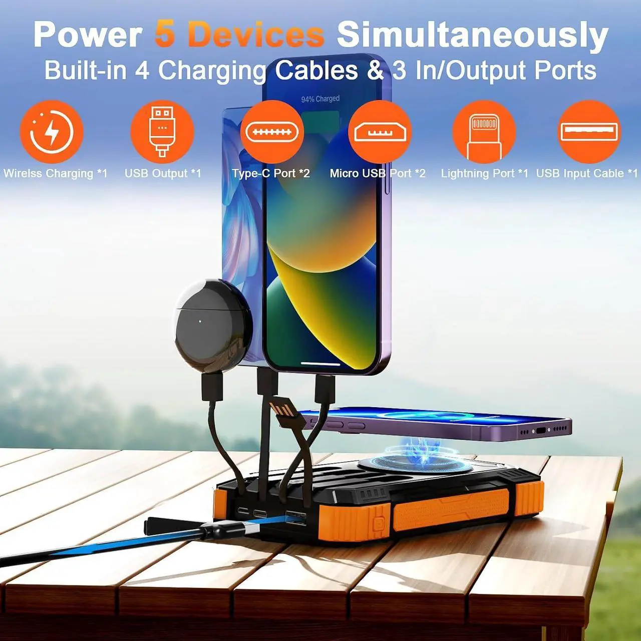 Alt view image 2 of 7 - Solar Charger Power Bank - 49800mAh Solar Phone Charger with USB-C in/Output QC 3.0 Fast Charging with LED Flashlight Portable Power Bank Built-in 4 Cables IP65 Waterproof Fits for Outdoor