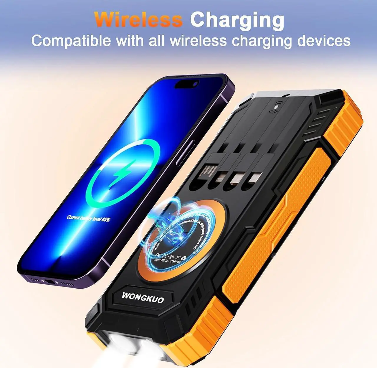 Alt view image 3 of 7 - Solar Charger Power Bank - 49800mAh Solar Phone Charger with USB-C in/Output QC 3.0 Fast Charging with LED Flashlight Portable Power Bank Built-in 4 Cables IP65 Waterproof Fits for Outdoor