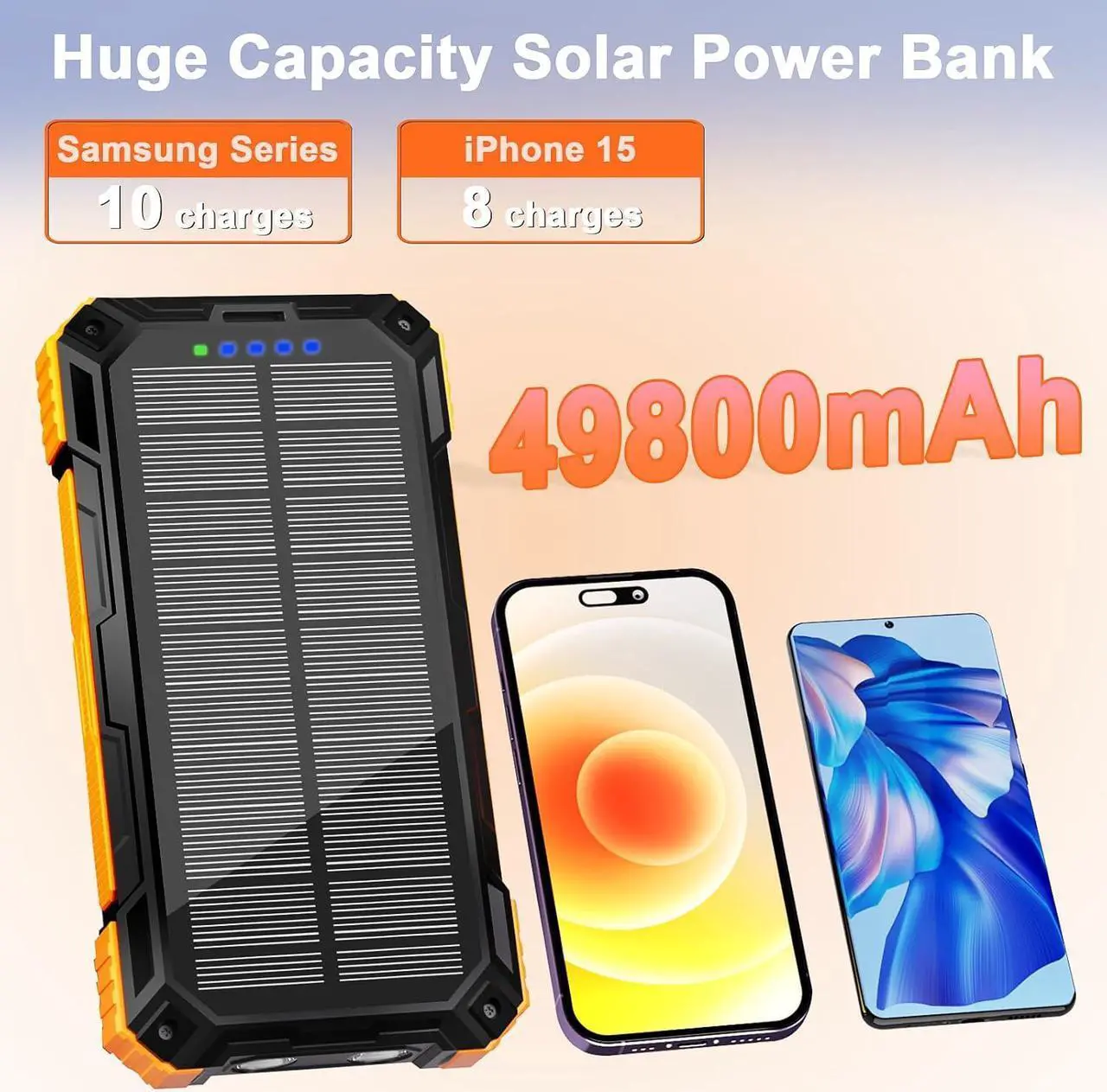 Alt view image 4 of 7 - Solar Charger Power Bank - 49800mAh Solar Phone Charger with USB-C in/Output QC 3.0 Fast Charging with LED Flashlight Portable Power Bank Built-in 4 Cables IP65 Waterproof Fits for Outdoor