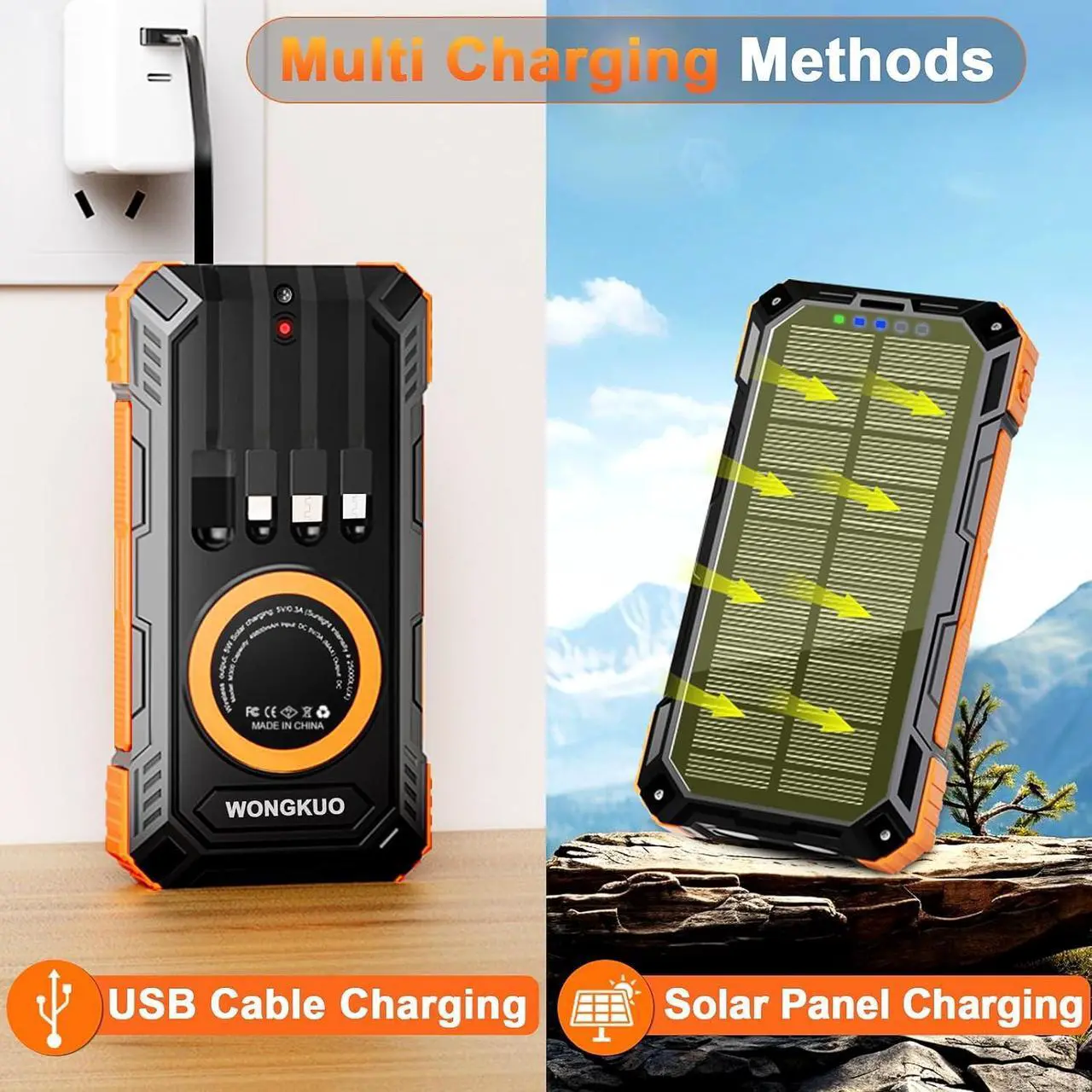 Alt view image 5 of 7 - Solar Charger Power Bank - 49800mAh Solar Phone Charger with USB-C in/Output QC 3.0 Fast Charging with LED Flashlight Portable Power Bank Built-in 4 Cables IP65 Waterproof Fits for Outdoor