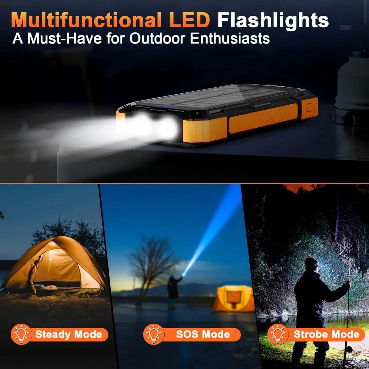 Alt view image 6 of 7 - Solar Charger Power Bank - 49800mAh Solar Phone Charger with USB-C in/Output QC 3.0 Fast Charging with LED Flashlight Portable Power Bank Built-in 4 Cables IP65 Waterproof Fits for Outdoor