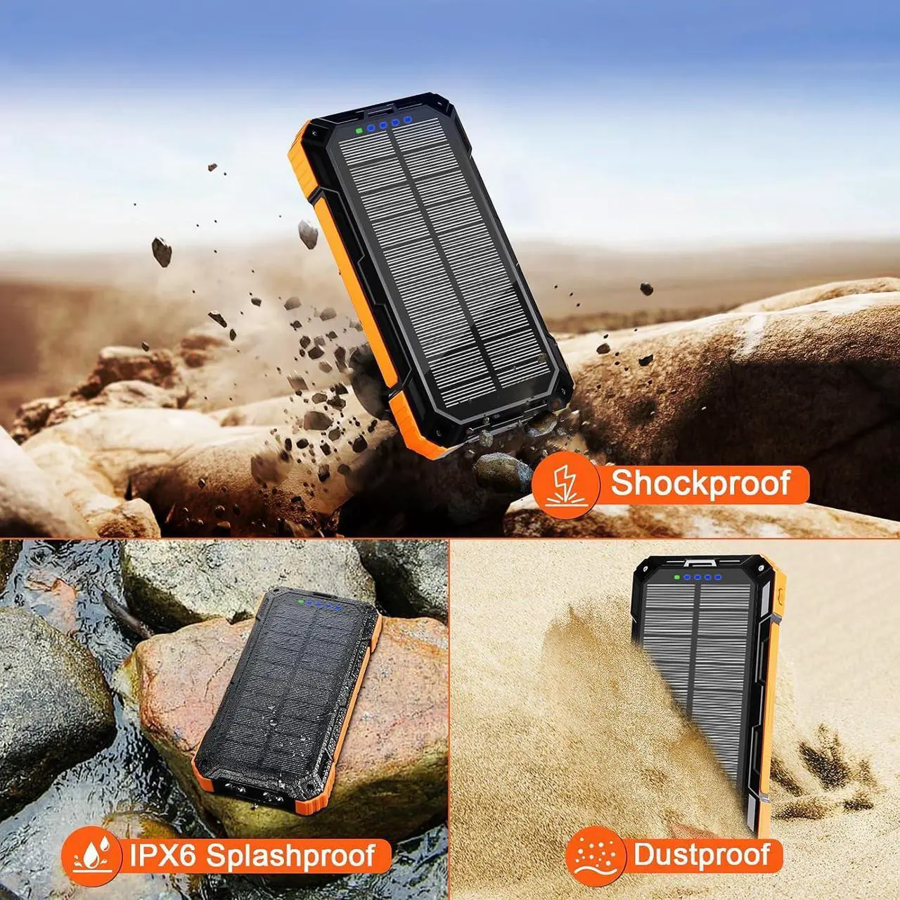Alt view image 7 of 7 - Solar Charger Power Bank - 49800mAh Solar Phone Charger with USB-C in/Output QC 3.0 Fast Charging with LED Flashlight Portable Power Bank Built-in 4 Cables IP65 Waterproof Fits for Outdoor