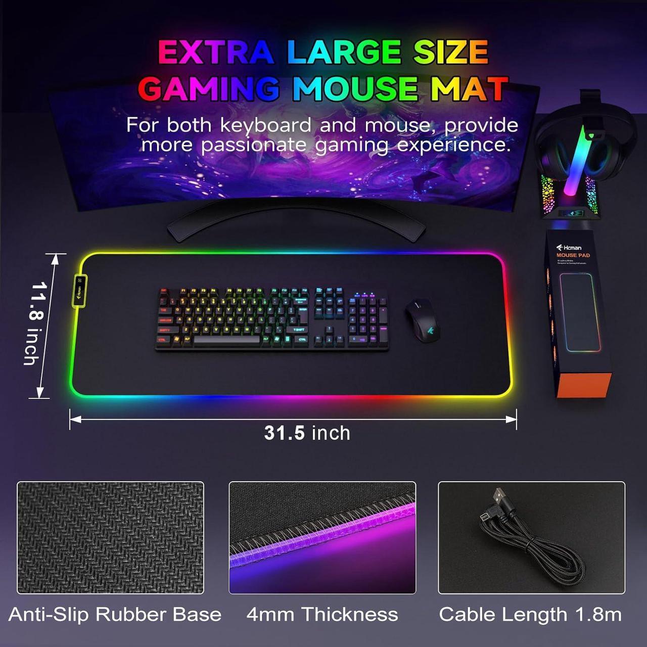 Alt view image 4 of 6 - RGB Gaming Mouse Pad Large Mousepad with Led Light PC Gaming Accessories Black Keyboard Pad for Desk Non-Slip Rubber Base XXL Big Mouse Mat for Gamer Boy Men Gift (31.5 X 12 Inch)