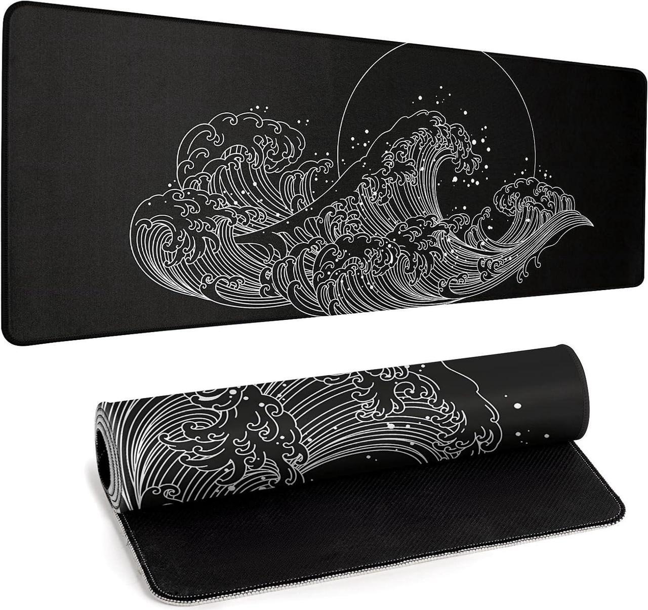 Main image of Gaming Mouse Pad for Desk Large Desk Pad Office Desk Mat with Stitched Edge Non-Slip Waterproof Sea Wave Black Mousepad for Office Home