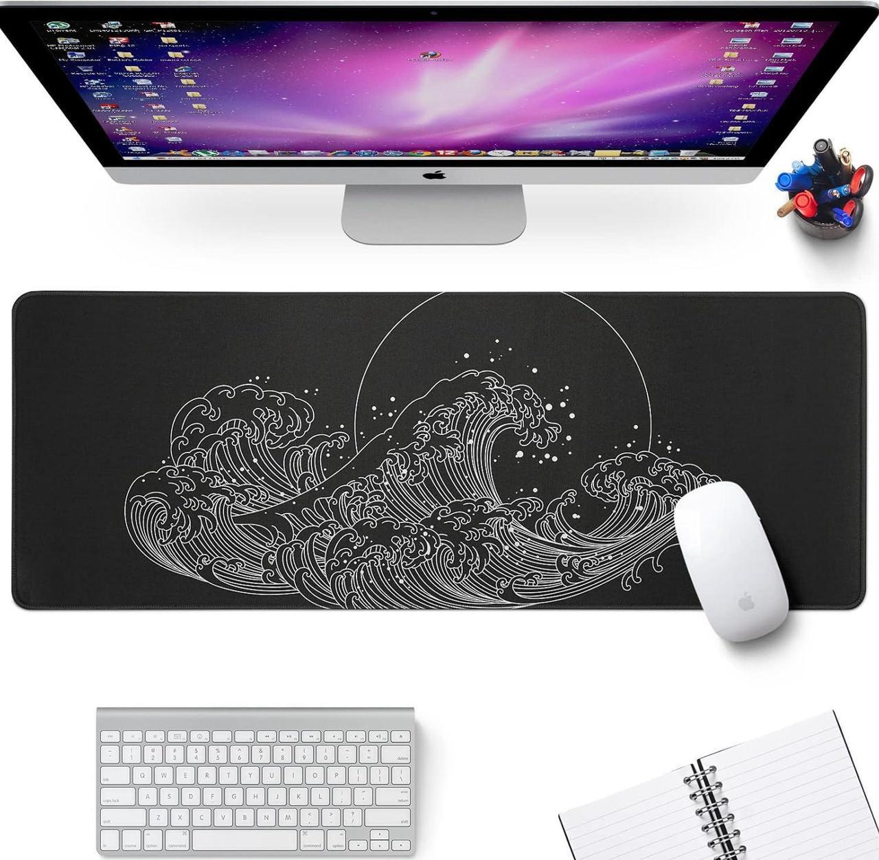 Alt view image 2 of 7 - Gaming Mouse Pad for Desk Large Desk Pad Office Desk Mat with Stitched Edge Non-Slip Waterproof Sea Wave Black Mousepad for Office Home