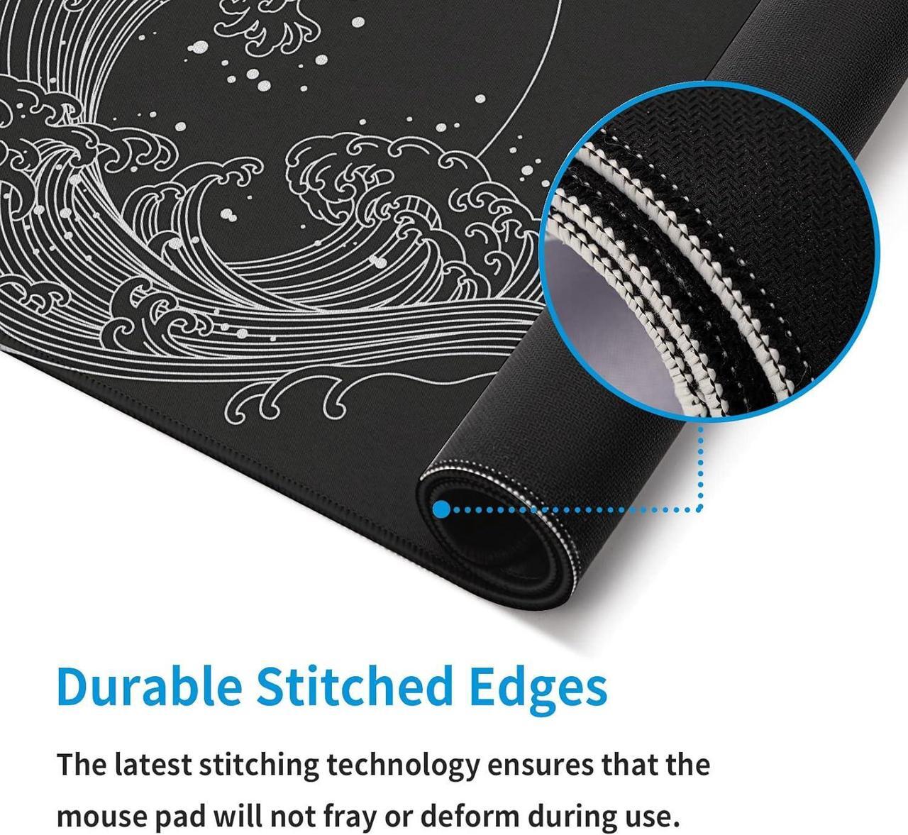 Alt view image 6 of 7 - Gaming Mouse Pad for Desk Large Desk Pad Office Desk Mat with Stitched Edge Non-Slip Waterproof Sea Wave Black Mousepad for Office Home