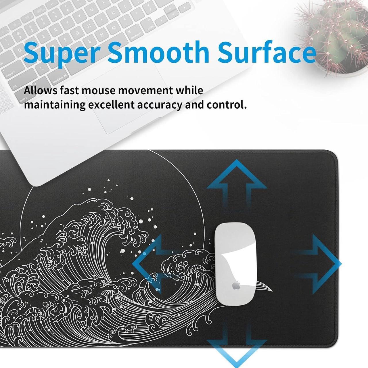 Alt view image 7 of 7 - Gaming Mouse Pad for Desk Large Desk Pad Office Desk Mat with Stitched Edge Non-Slip Waterproof Sea Wave Black Mousepad for Office Home