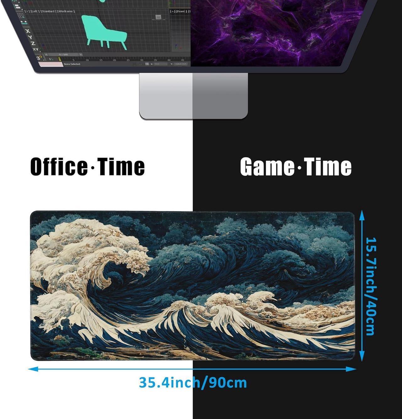 Alt view image 2 of 7 - Japanese Ocean Waves Large Gaming Mouse Pad Waterproof Desk Mat for Desktop Non-Slip Rubber Base Mousepad with Stitched Edges for Laptop Office and Home 35.4X15.7 Inch