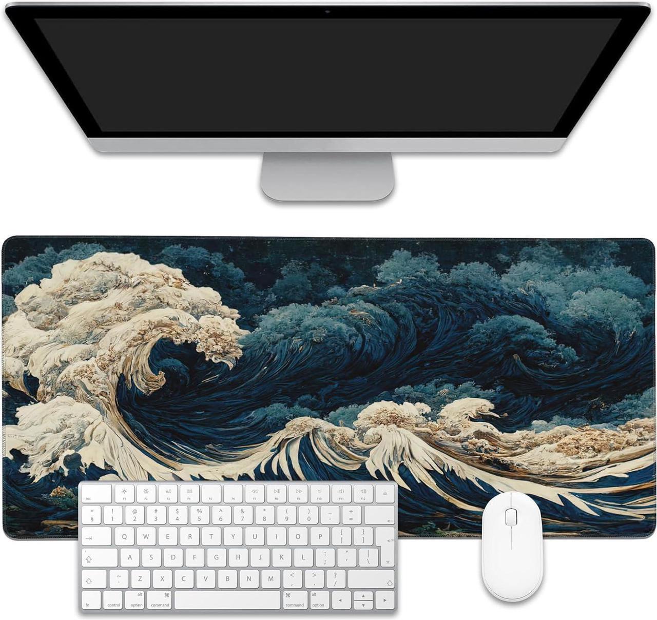 Main image of Japanese Ocean Waves Large Gaming Mouse Pad Waterproof Desk Mat for Desktop Non-Slip Rubber Base Mousepad with Stitched Edges for Laptop Office and Home 35.4X15.7 Inch