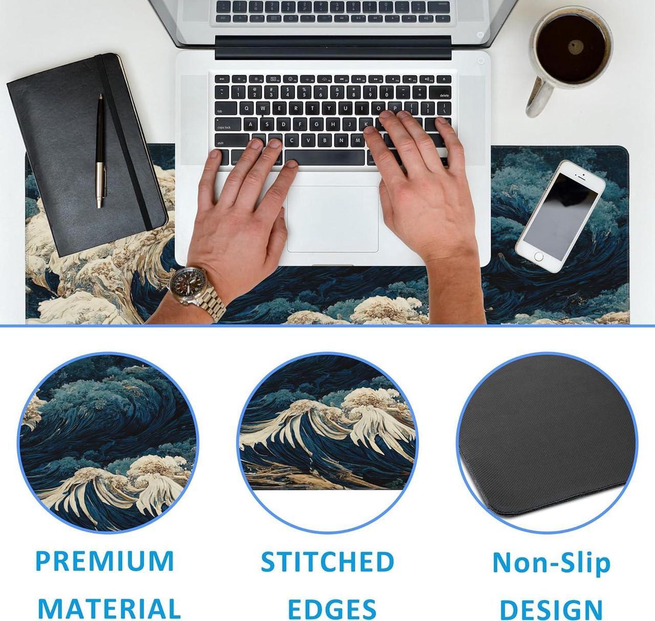 Alt view image 3 of 7 - Japanese Ocean Waves Large Gaming Mouse Pad Waterproof Desk Mat for Desktop Non-Slip Rubber Base Mousepad with Stitched Edges for Laptop Office and Home 35.4X15.7 Inch