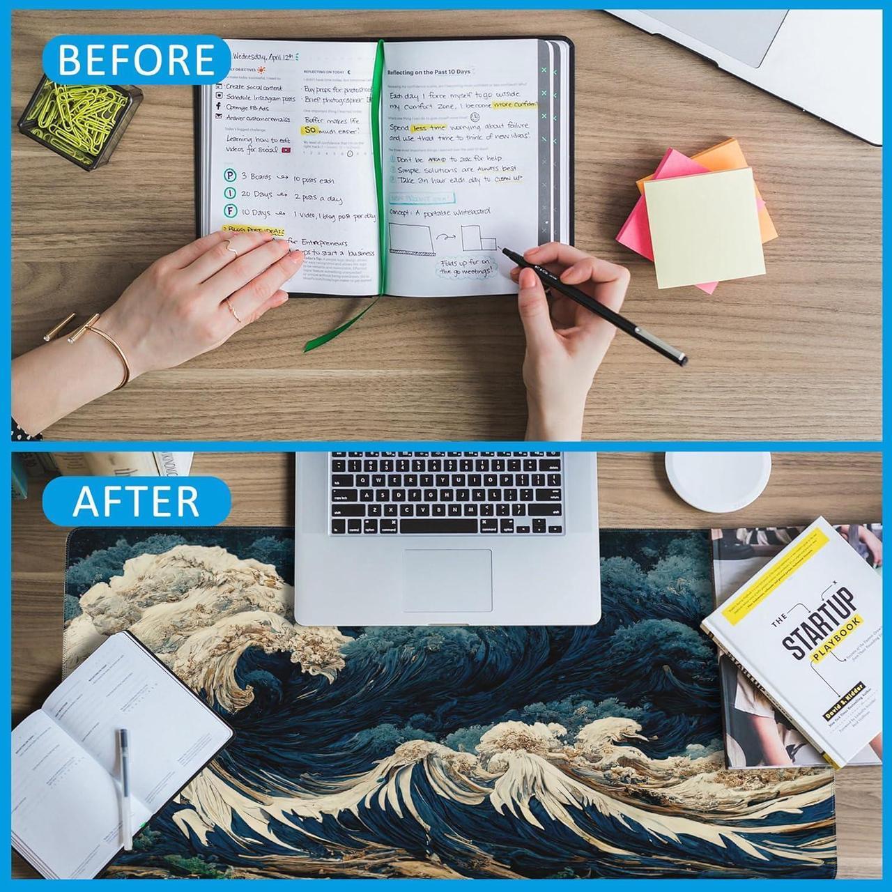 Alt view image 6 of 7 - Japanese Ocean Waves Large Gaming Mouse Pad Waterproof Desk Mat for Desktop Non-Slip Rubber Base Mousepad with Stitched Edges for Laptop Office and Home 35.4X15.7 Inch