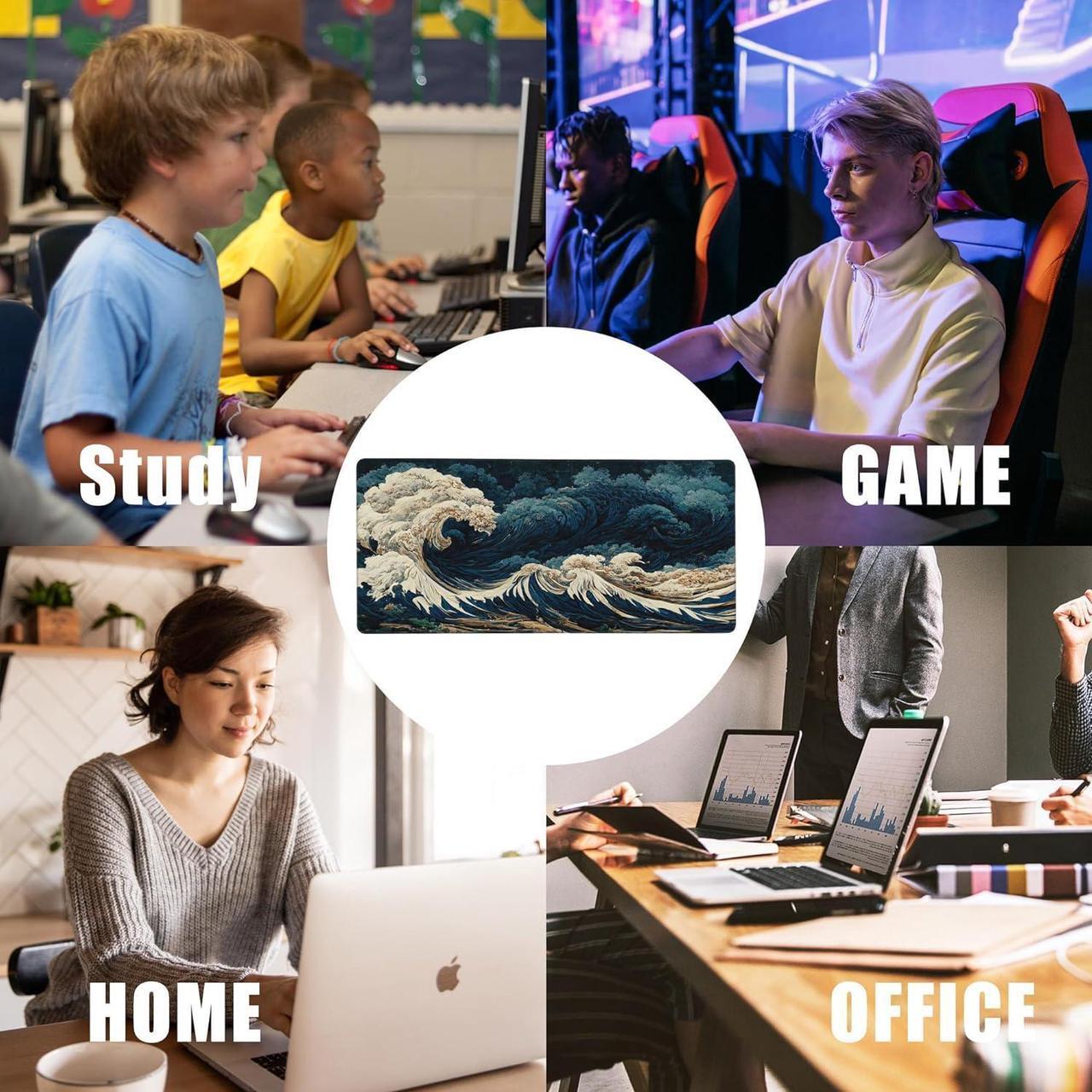 Alt view image 7 of 7 - Japanese Ocean Waves Large Gaming Mouse Pad Waterproof Desk Mat for Desktop Non-Slip Rubber Base Mousepad with Stitched Edges for Laptop Office and Home 35.4X15.7 Inch