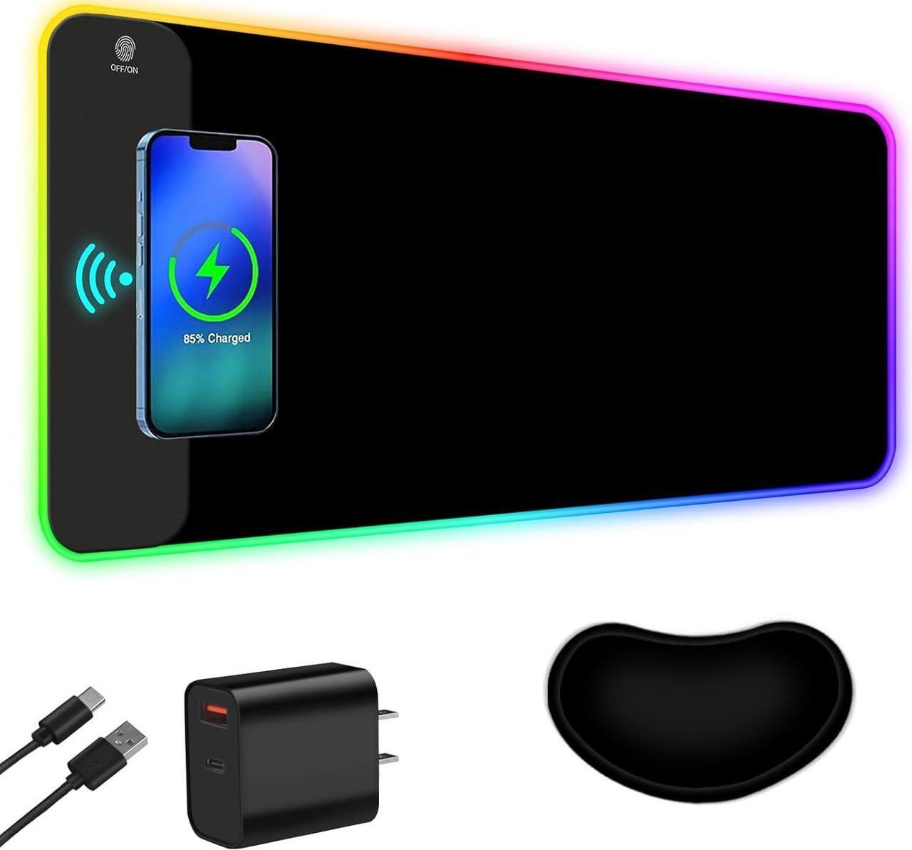 Main image of Wireless Charging RGB Gaming Mouse Pad 15W LED Mouse Mat with 30W Charger 14 Light Modes Large Mousepad Wrist Support Non-Slip Rubber Base Desk Mat Computer PC Keyboard Pad XXL Cool Black