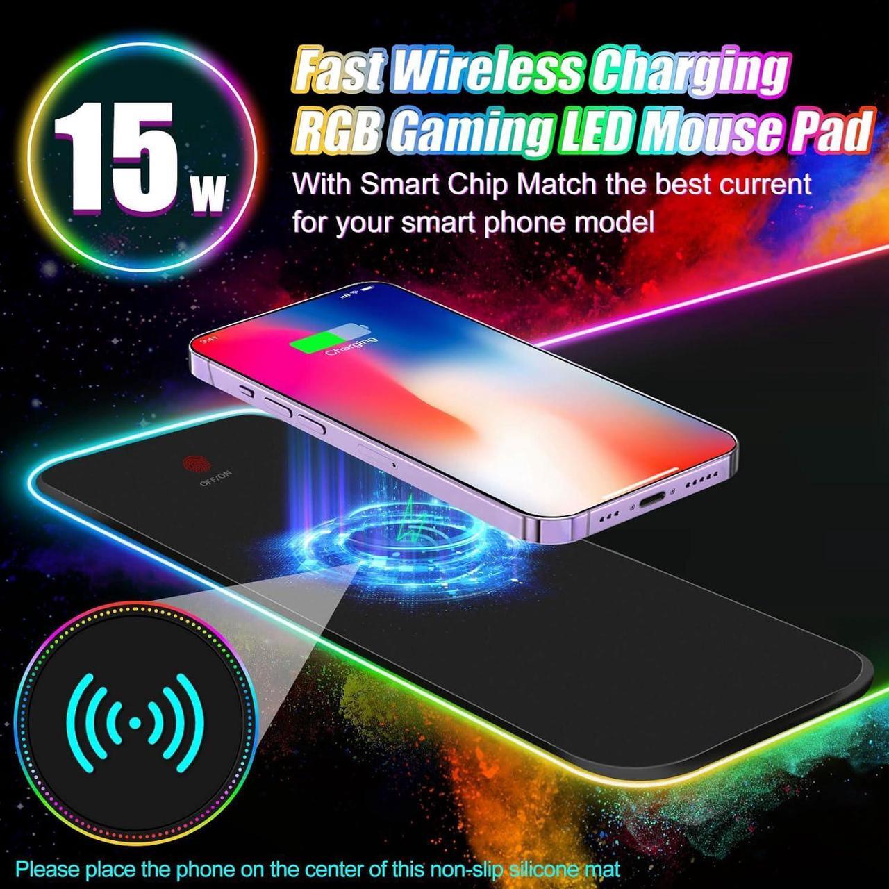 Alt view image 2 of 7 - Wireless Charging RGB Gaming Mouse Pad 15W LED Mouse Mat with 30W Charger 14 Light Modes Large Mousepad Wrist Support Non-Slip Rubber Base Desk Mat Computer PC Keyboard Pad XXL Cool Black