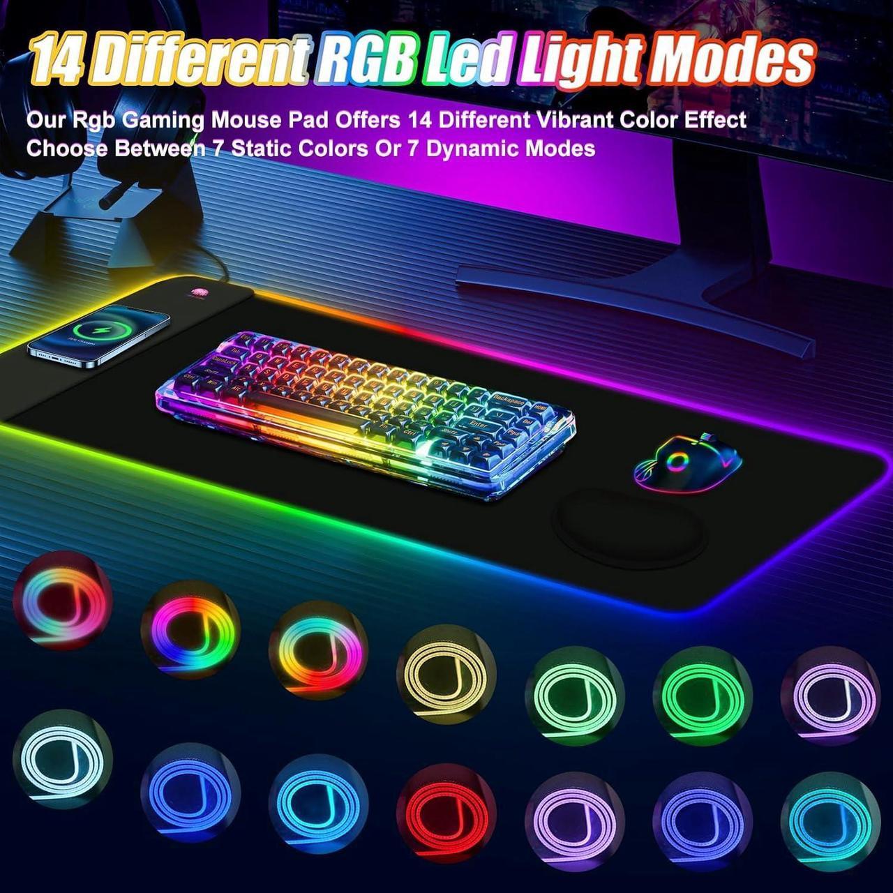 Alt view image 3 of 7 - Wireless Charging RGB Gaming Mouse Pad 15W LED Mouse Mat with 30W Charger 14 Light Modes Large Mousepad Wrist Support Non-Slip Rubber Base Desk Mat Computer PC Keyboard Pad XXL Cool Black